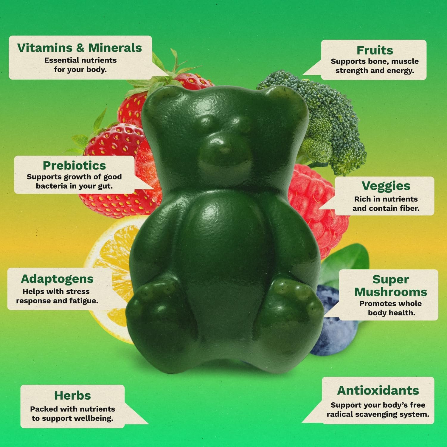 Gruns Sugar-Free Super Greens Gummies, Multivitamin Superfood Gummy Bears, Spirulina, Chlorella, Prebiotics & Fiber gummies for Digestive Health, Adaptogens Supplement, 20 Vitamins & Minerals, 10 pack - Image 2