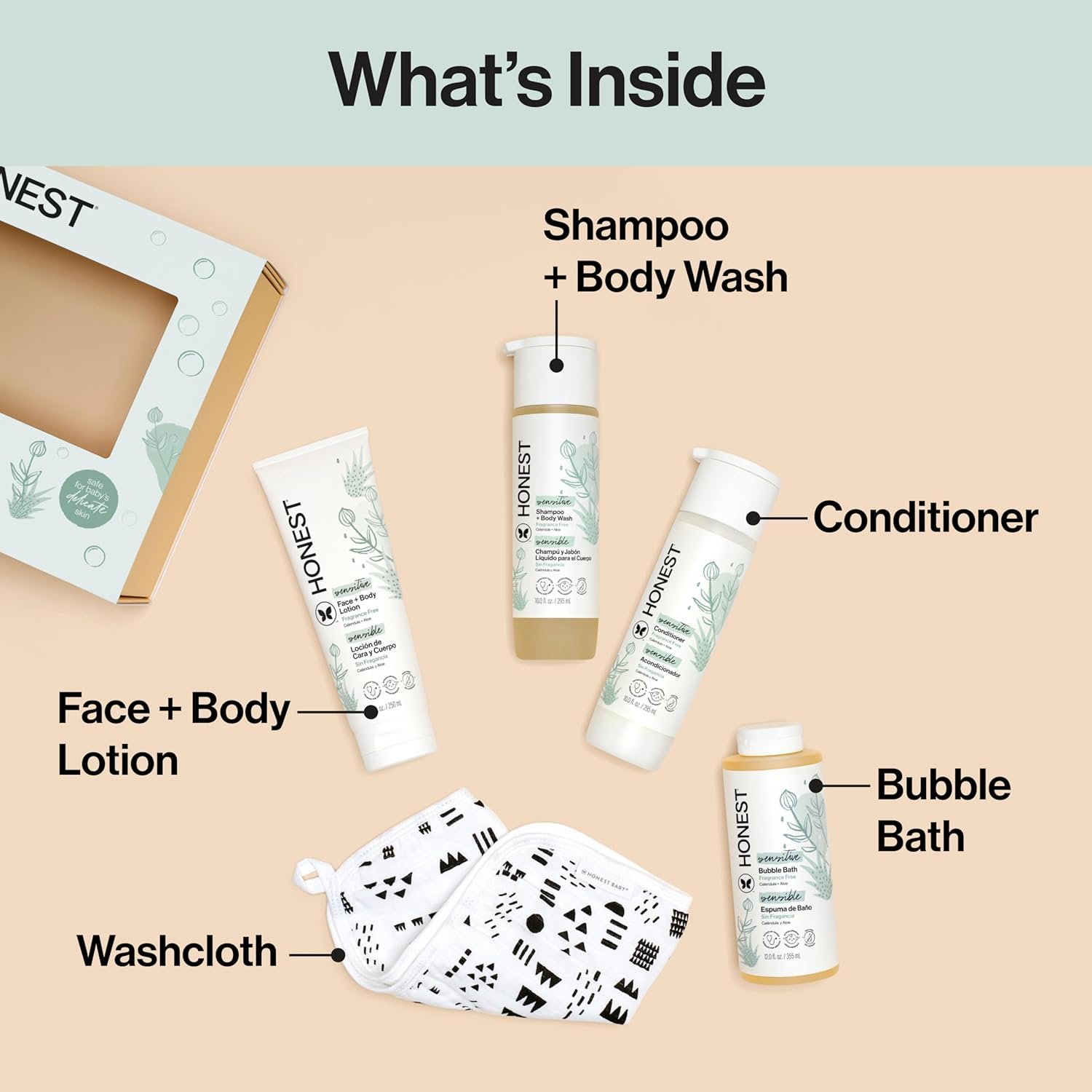 The Honest Company Fragrance-Free Bathtime Gift Set, Hypoallergenic, Bath Essentials for Sensitive Skin, Shampoo and Body Wash, Face Lotion, Bubble Bath, Conditioner, Wash Cloth - Image 4