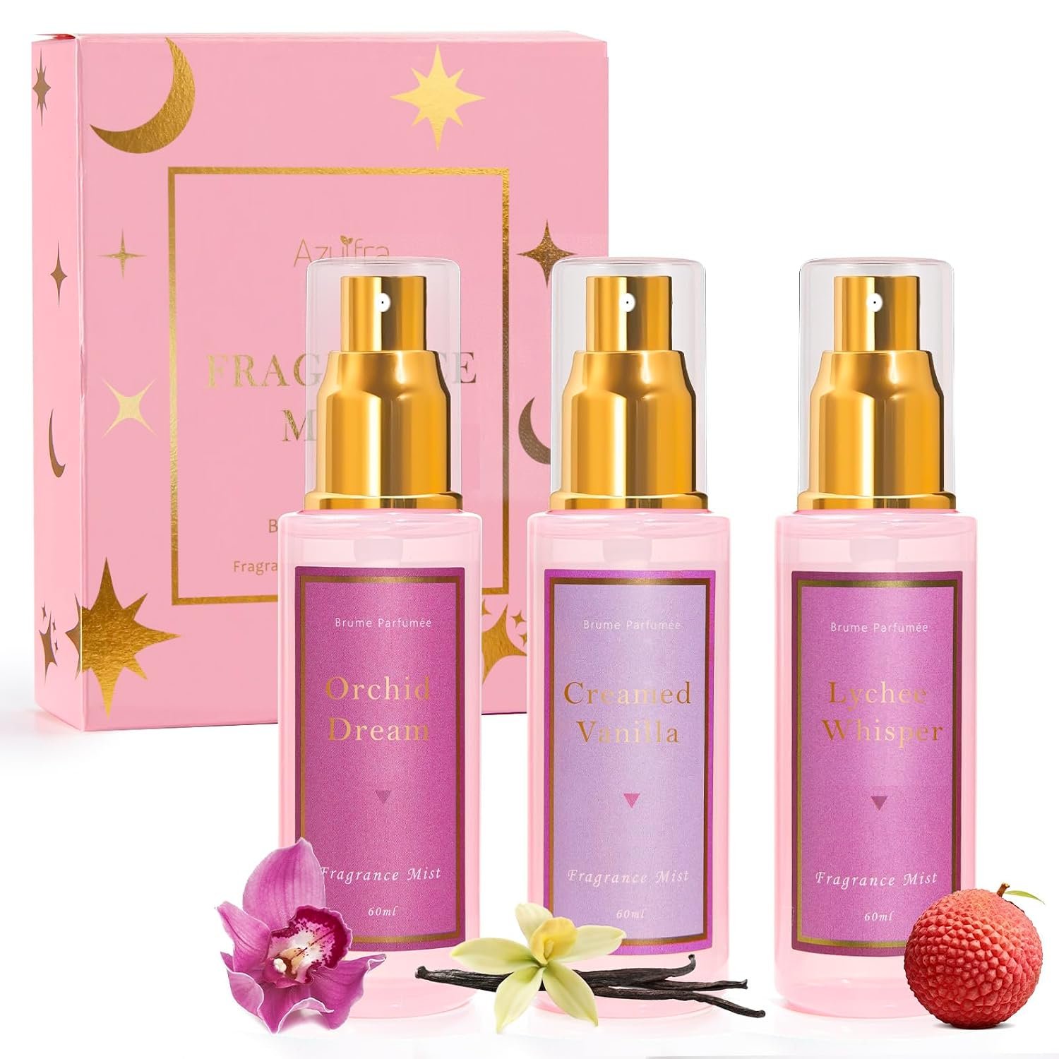 Azulfra Body Spray for Women 3 Pack, Fragrance Mist Gift Set, Travel Size Each 60ml, Vanilla Orchid Lychee