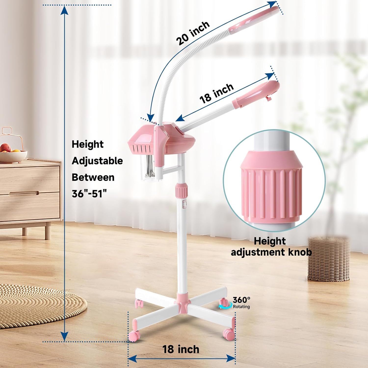 Professional Facial Steamer, 2In1 Face Steamer on Wheels for Facial Deep Cleaning, SPA Facial Steamer for Esthetician with 5X Magnifying Lamp, Stand Face Steamer with Time Setting, Pink - Image 6