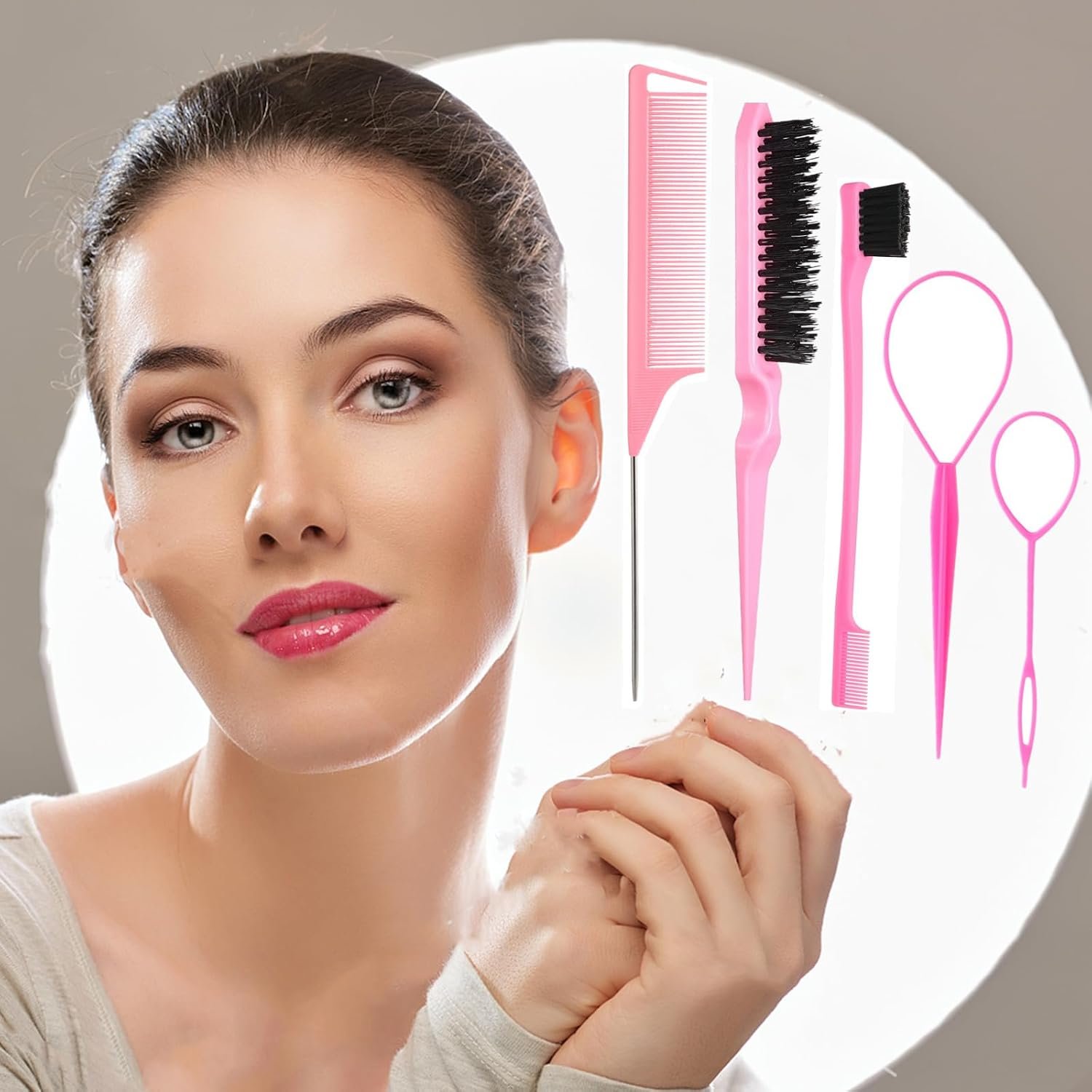 5Pcs Slick Back Brush Set with Topsy Tail Tool, Teasing Bristle, Rat Comb for Women & Girls Hair Styling, Flyaways Control and Edge Combing - Pink - Image 2