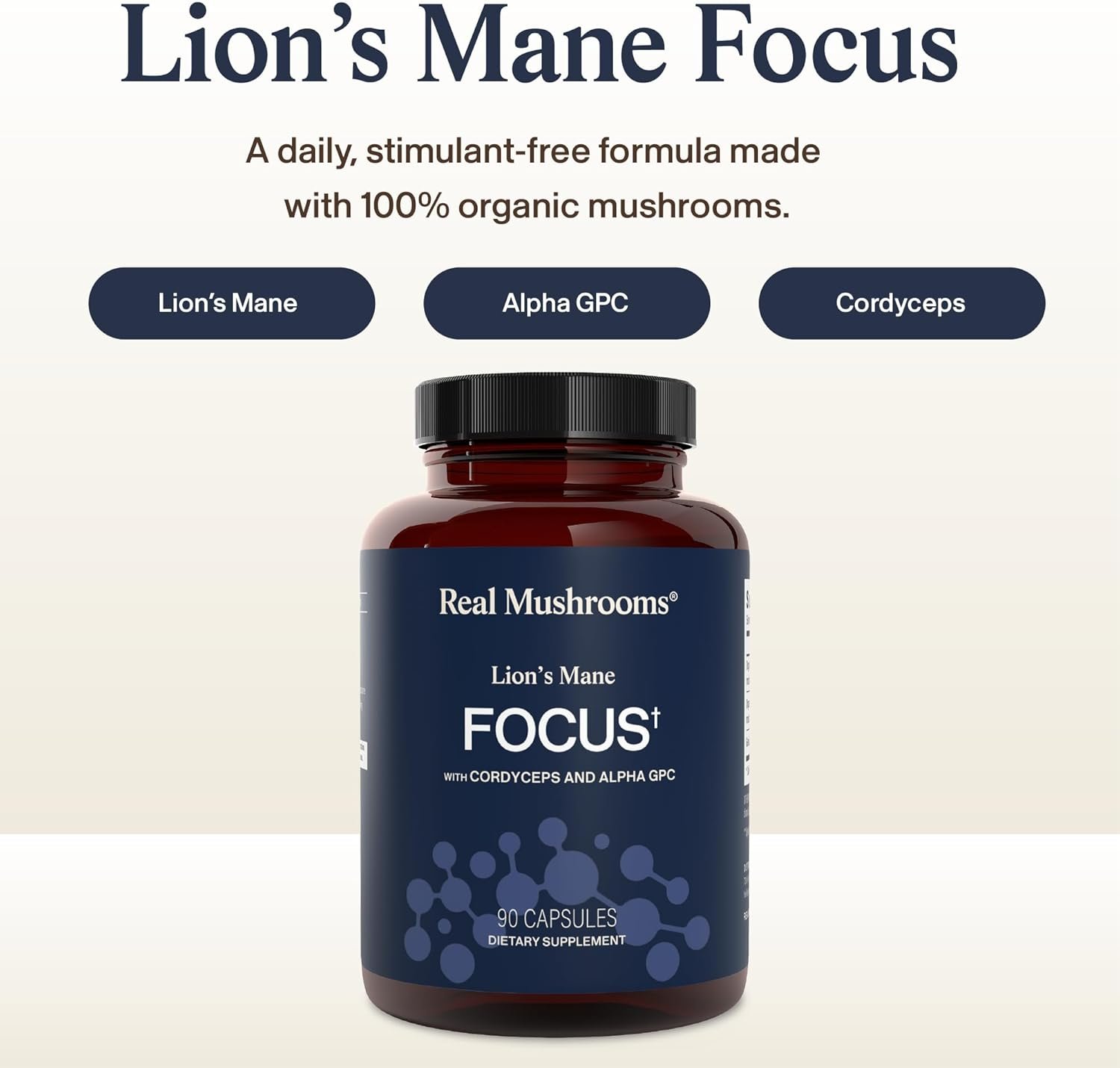 Real Mushrooms Lion’s Mane Focus Capsules (90 Count) – Organic Lions Mane Fruiting Body Extracts with 200mg Alpha GPC Choline for Mental Clarity & Daily Cognitive Function - Image 2