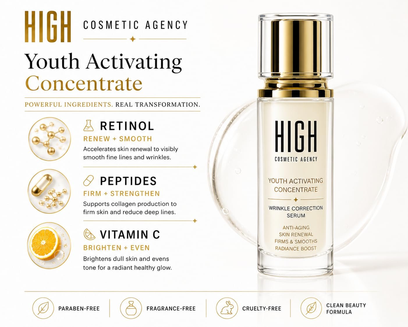 HIGH – Youth Activating Face Serum – Retinol, Peptides & Vitamin C – Anti-Aging Wrinkle Correcting Serum for Fine Lines, Crow's Feet & Puffiness – Firms & Brightens Skin – For Women - Image 2