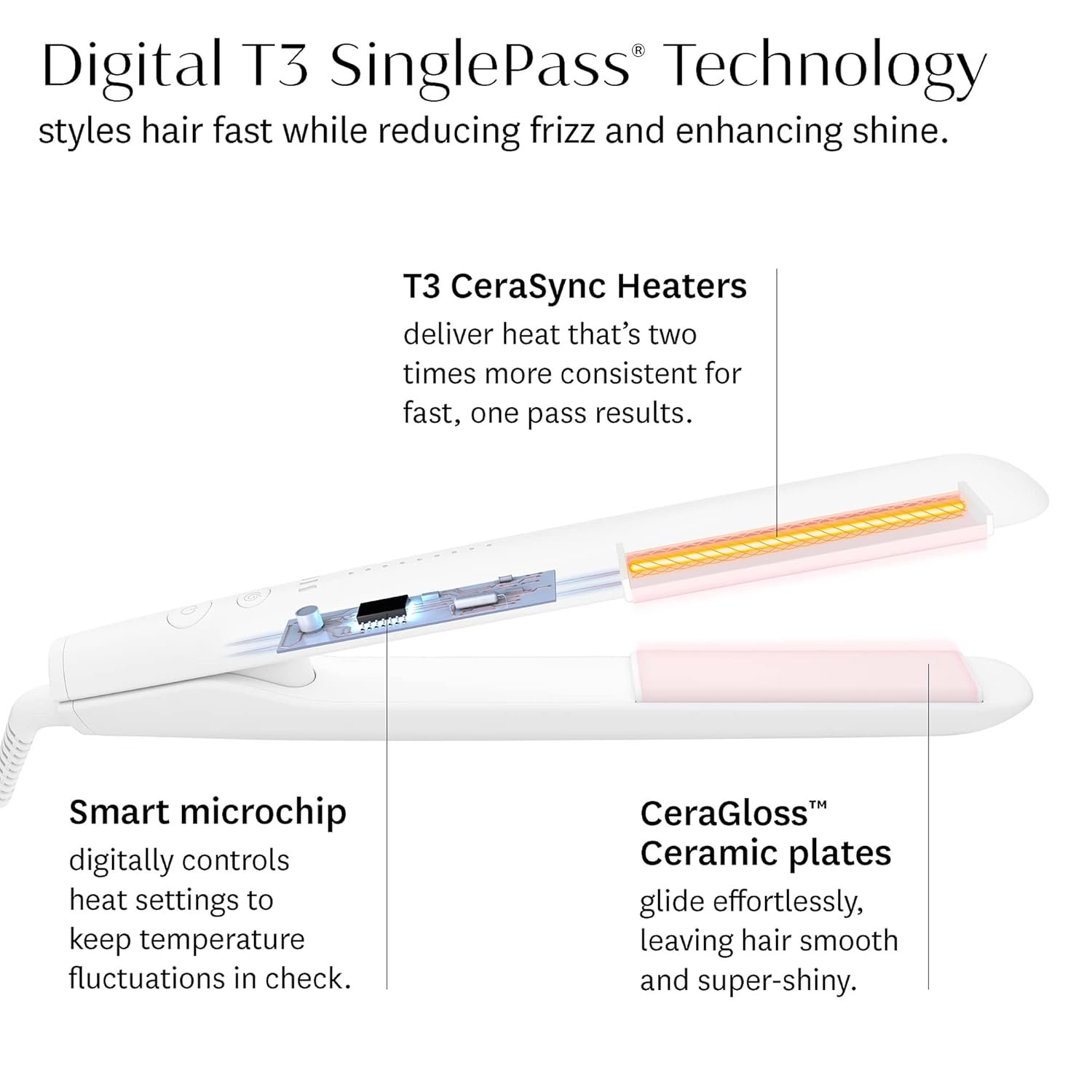 T3 SinglePass StyleMax Professional 1" Ceramic Flat Iron with Custom Heat Automation, 9 Heat Settings, Longer Ceramic Plates, for Straightening, Waving, Curling & Styling - Image 8