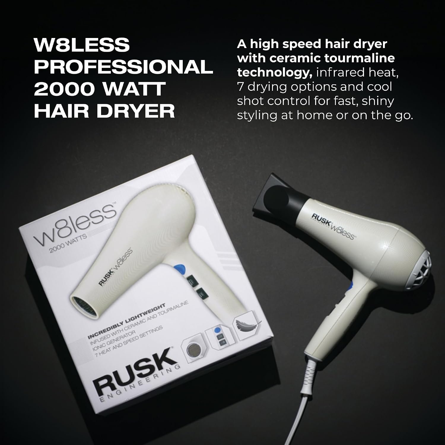 RUSK W8less 2000 Watt Ionic Hair Dryer - Ceramic Tourmaline Technology - Lightweight, Professional Blow Dryer for Fast Drying & Frizz Control (1 ct) - Image 2