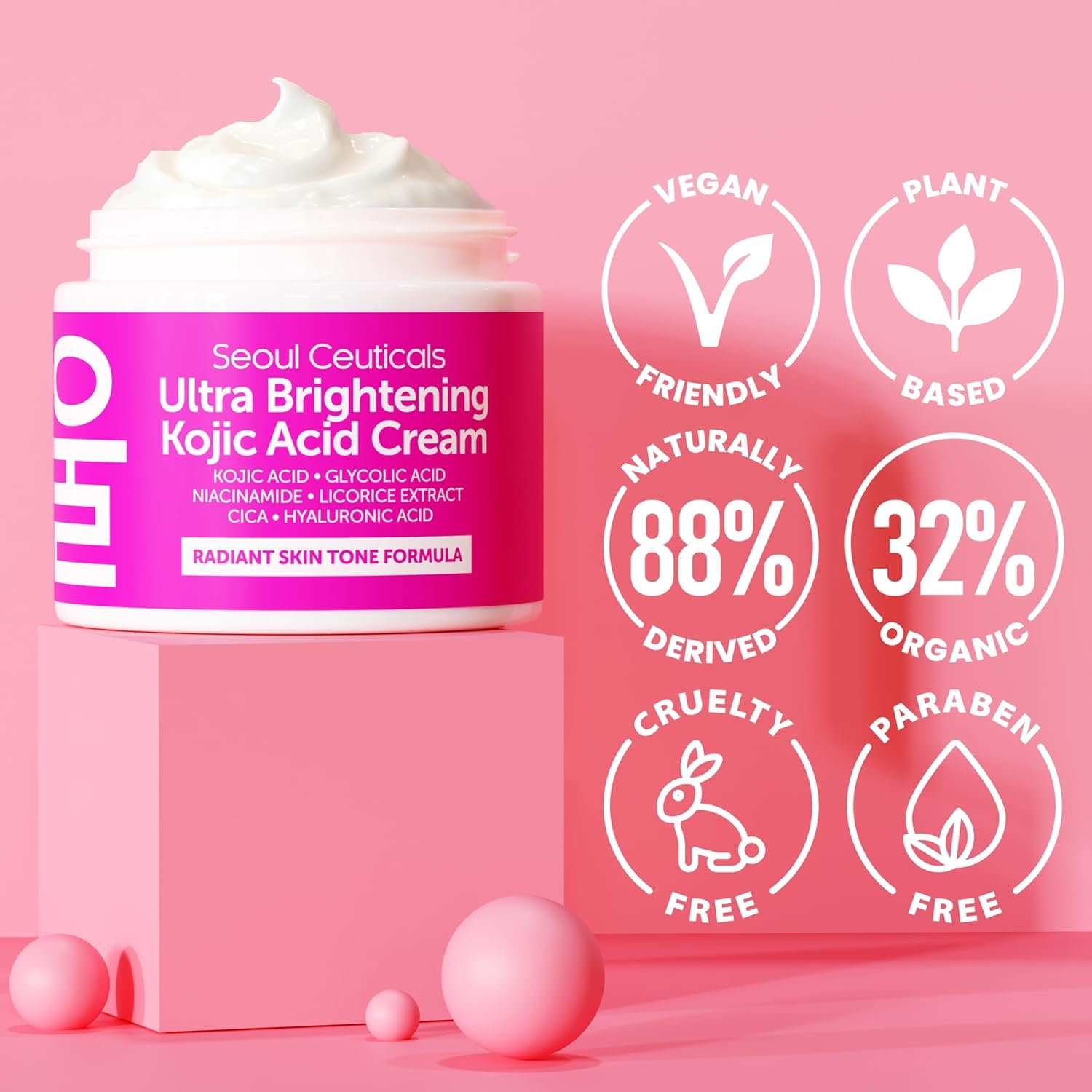 SeoulCeuticals Korean Kojic Acid Cream Dark Spot Remover + Glycolic Acid + Niacinamide + Cica + HA Moisturizer - Cruelty Free K Beauty Skincare 2oz - Image 5