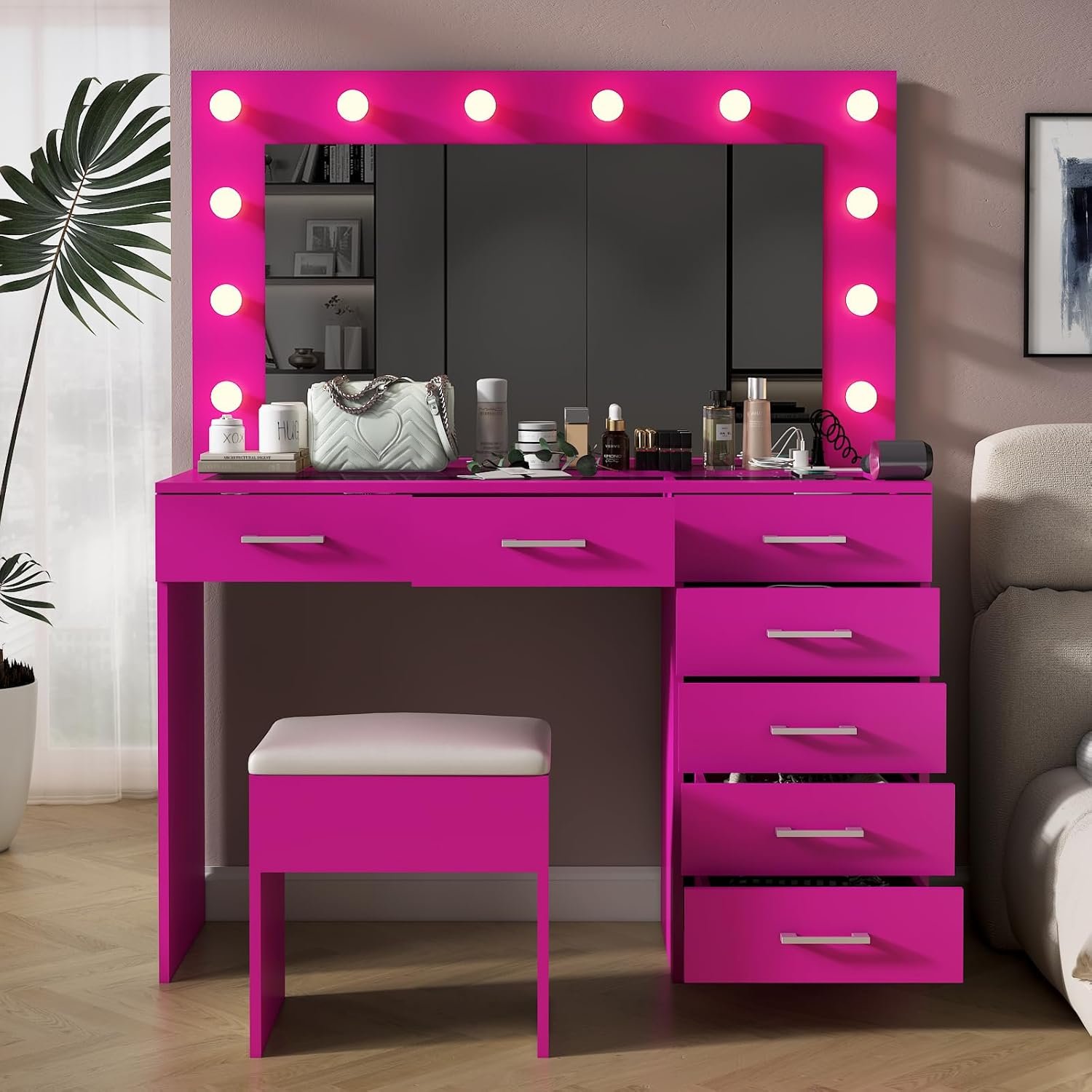 Karl home Vanity Desk with Large Lighted Mirror & Powre Outlet, Glass Tabletop Makeup Vanity Set with 7 Drawers, 45.3" Vanity Table with 3 Color Lighting Modes, Dressing Table for Women Girls, Pink - Image 4