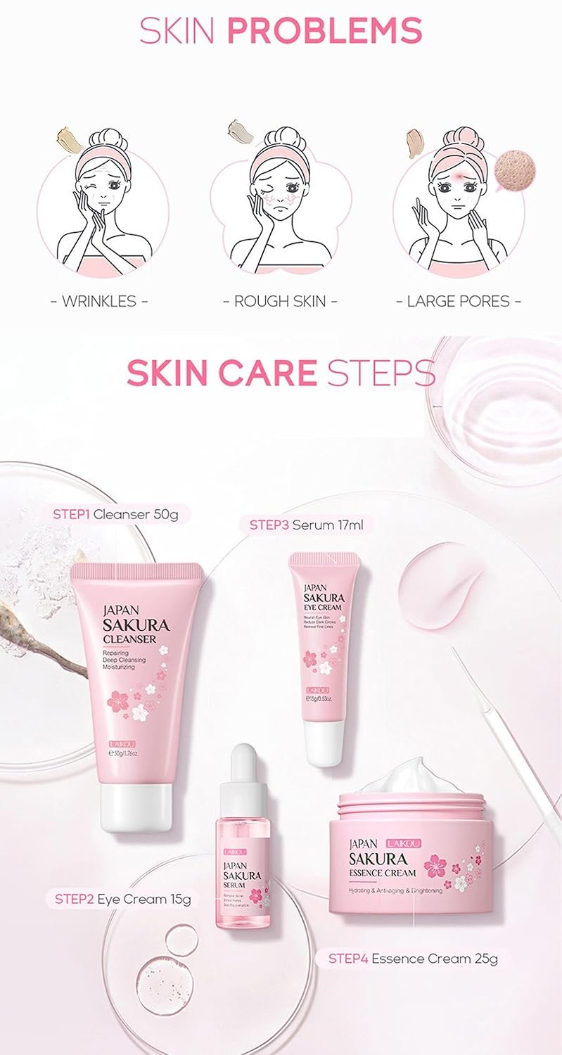 Skin Care Kit Korean Skincare Set for Teen Girls & Women, Travel Sizes Cherry Blossom Hydrating Cleanser, Anti-Aging Serum, Moisturizer, Eye Cream - Skin Radiant Gentle Clean Mini Holiday Gift (4PC) - Image 2