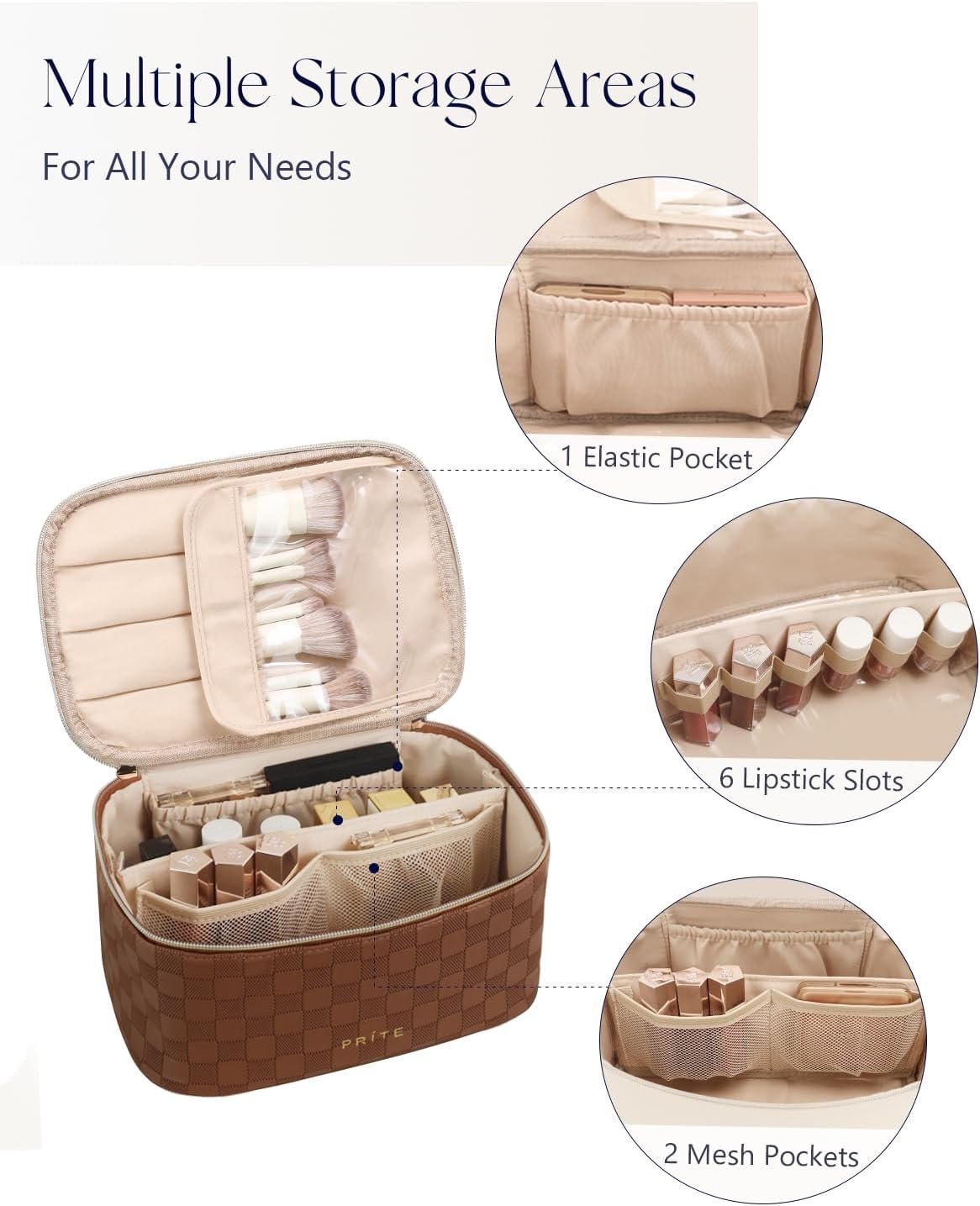 Prite Makeup Bag, Large Capacity Cosmetic Bag for Women and Girls, Waterproof PU Leather Travel Case with Handle, Divider for Skincare and Brushes - Checkered Brown - Image 2
