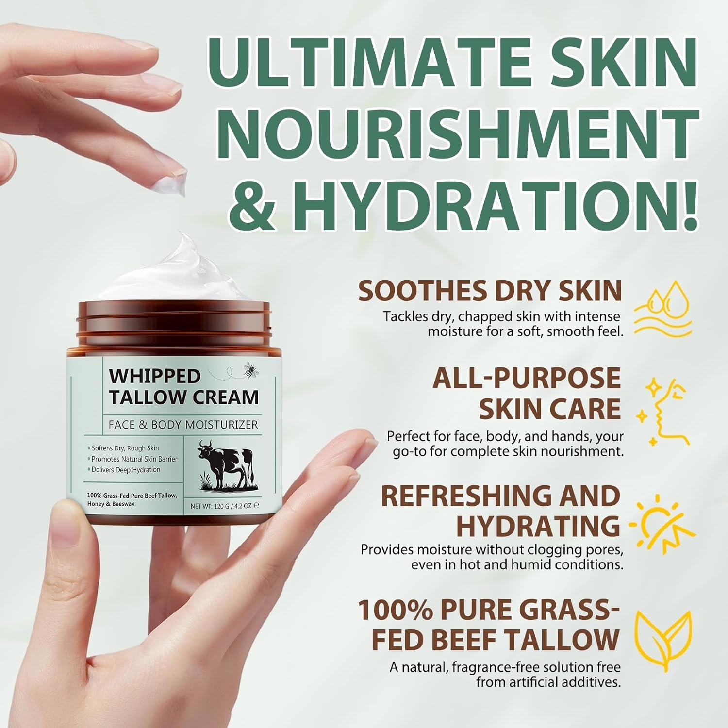 Beef Tallow for Skin,Beef Tallow and Honey Cream for Skin, 4.2 oz Organic Whipped Grass Fed Tallow with Honey Cream for Face & Body, Smooth - Handmade All-Natural Moisturizer - Image 3