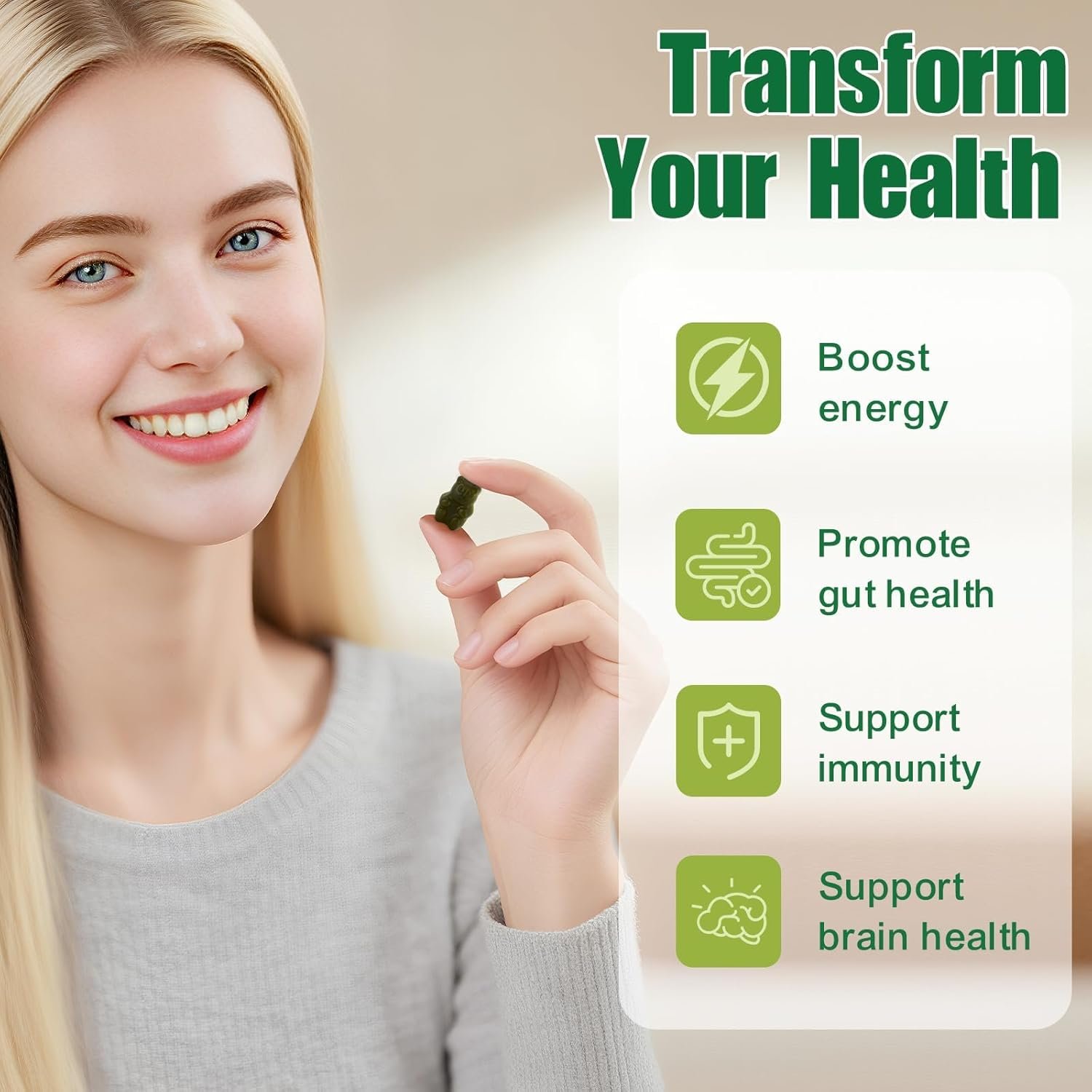 Sugar Free Greens Daily Gummies, Superfood Fruits Veggies Blend with Spirulina, Chlorella, Prebiotics & Fiber, Adaptogens Multivitamin Supplement for Women Men Digestive Health, Non-GMO, 120 Count - Image 3