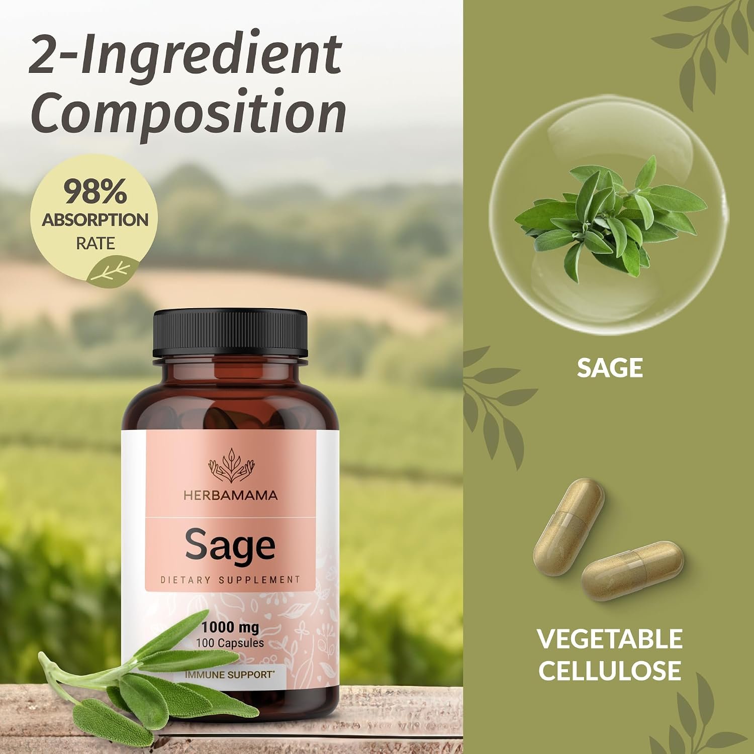 HERBAMAMA Sage Capsules - 1000mg Natural Digestive & Immune Support - Sage Leaves for Brain Clarity – Vegan, Non-GMO Salvia Officinalis Antioxidant Supplement - Image 4