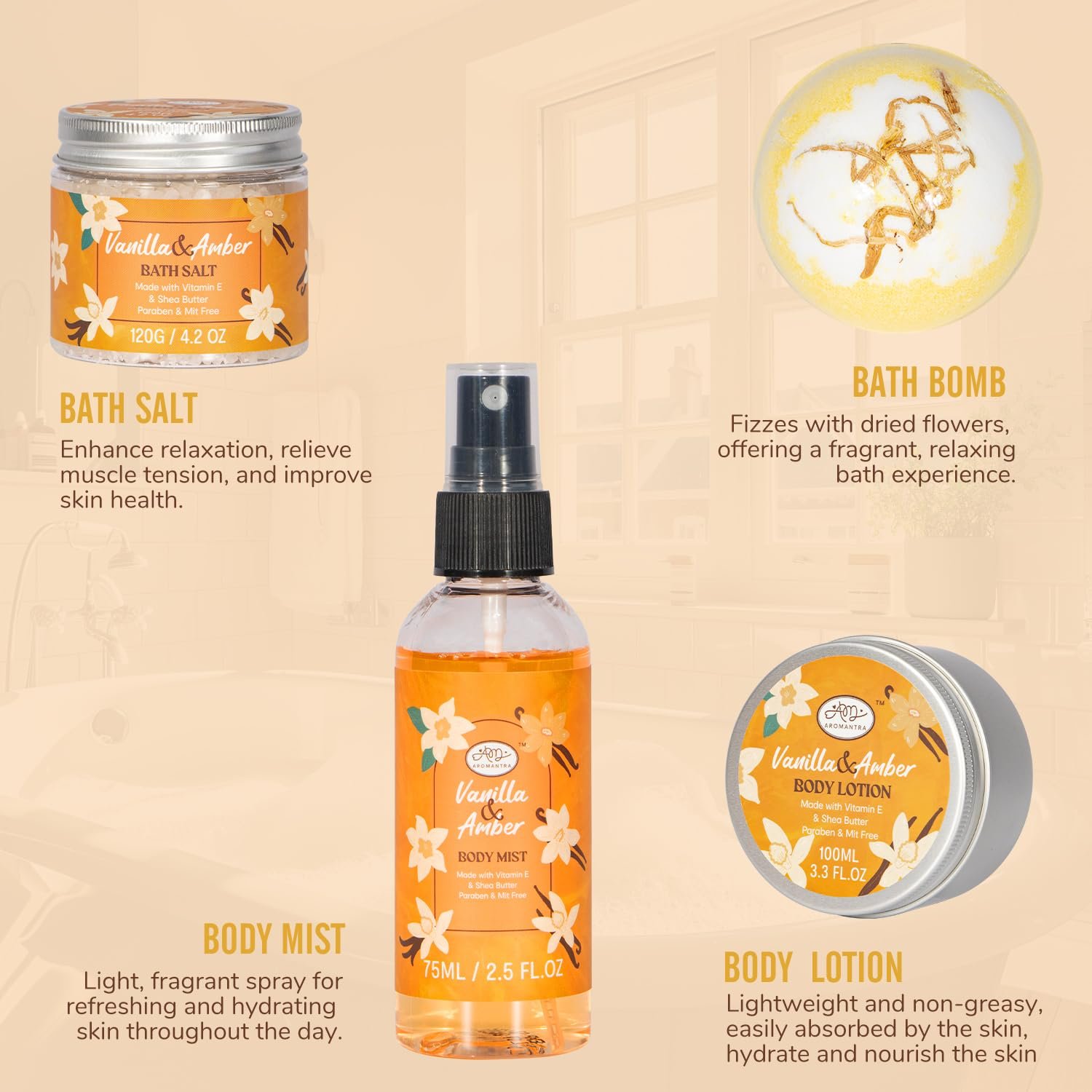 Bath Gift Set for Self Care, 11pcs Luxury Spa Gift Baskets for Women, Home Spa Essential W/ Bubble Bath, Body Lotion, Vanilla Amber Scented Candle, Birthday Gifts for Women, Mothers Day Gifts - Image 4