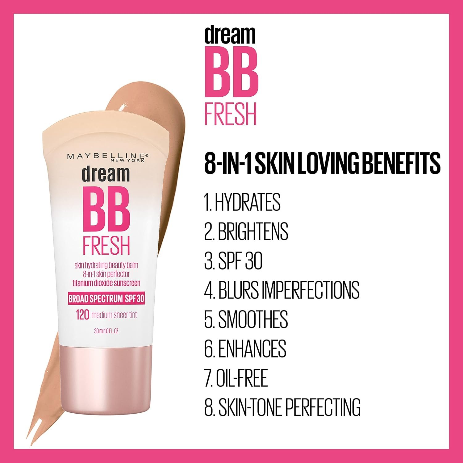 Maybelline Dream Fresh Skin Hydrating BB cream, 8-in-1 Skin Perfecting Beauty Balm with Broad Spectrum SPF 30, Sheer Tint Coverage, Oil-Free, Light/Medium, 1 Fl Oz - Image 4