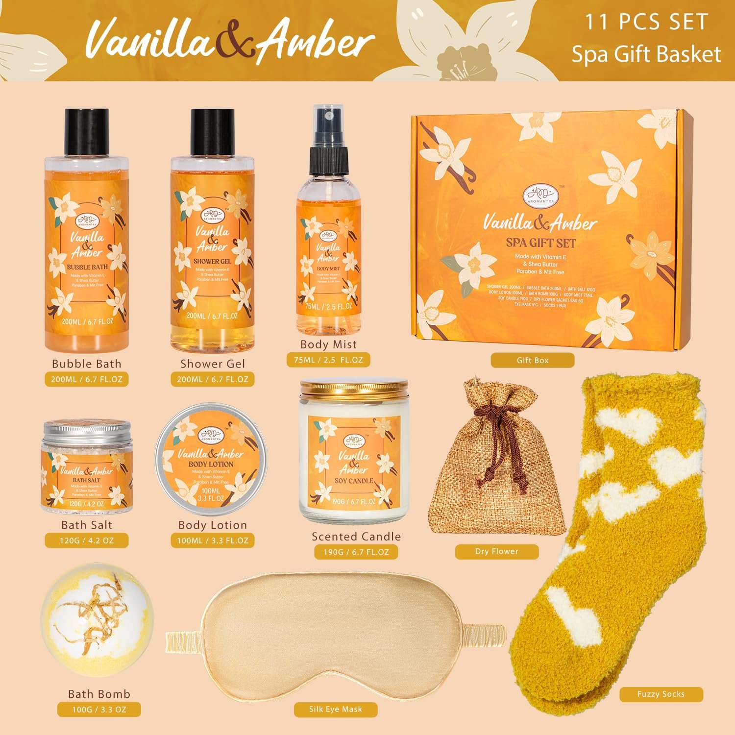 Bath Gift Set for Self Care, 11pcs Luxury Spa Gift Baskets for Women, Home Spa Essential W/ Bubble Bath, Body Lotion, Vanilla Amber Scented Candle, Birthday Gifts for Women, Mothers Day Gifts - Image 2