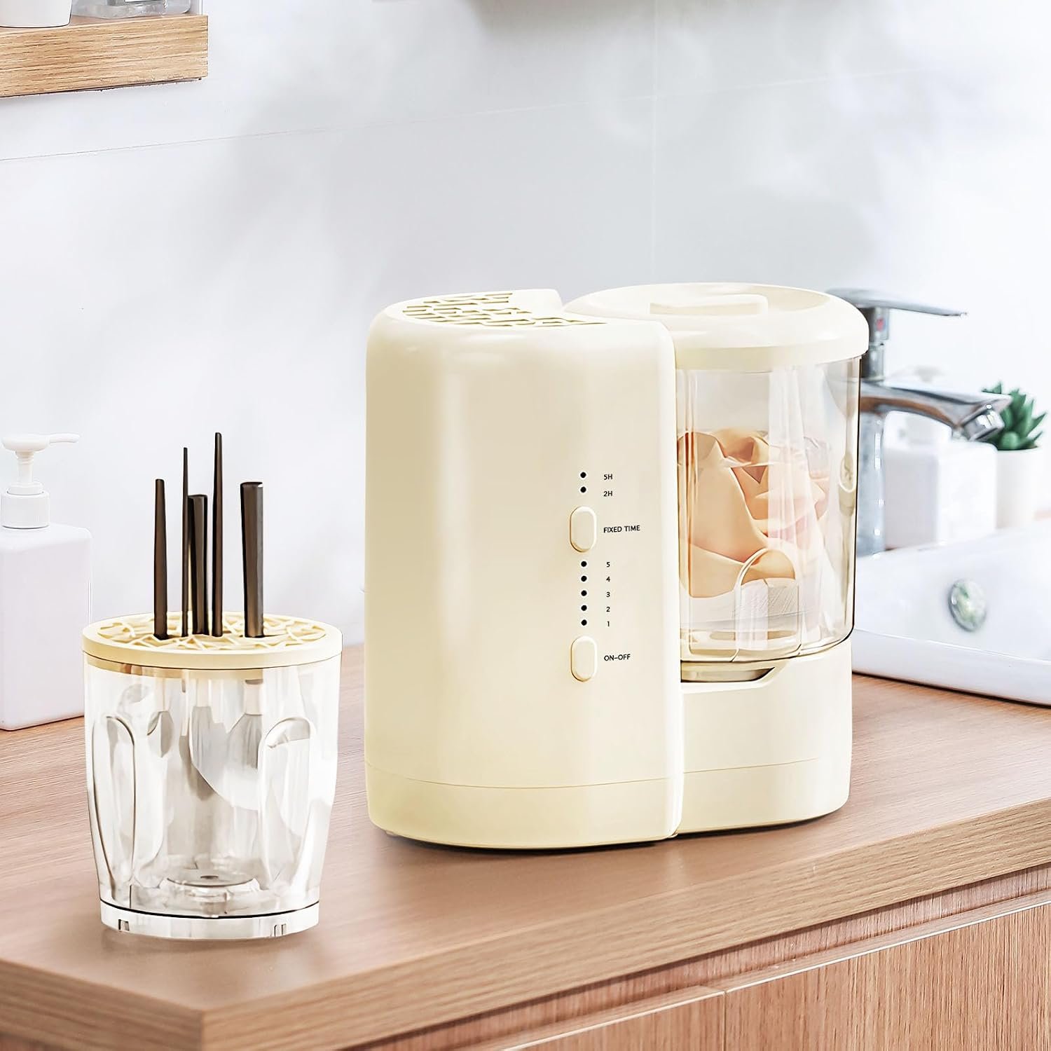3-in-1 Electric Makeup Brush Cleaner & Mini Underwear Washing Machine & Makeup Brush Air Dryer with 2 Containers, Suitable for Cleaning Beauty Makeup Brush Set, Underwear and Socks, Beige - Image 7