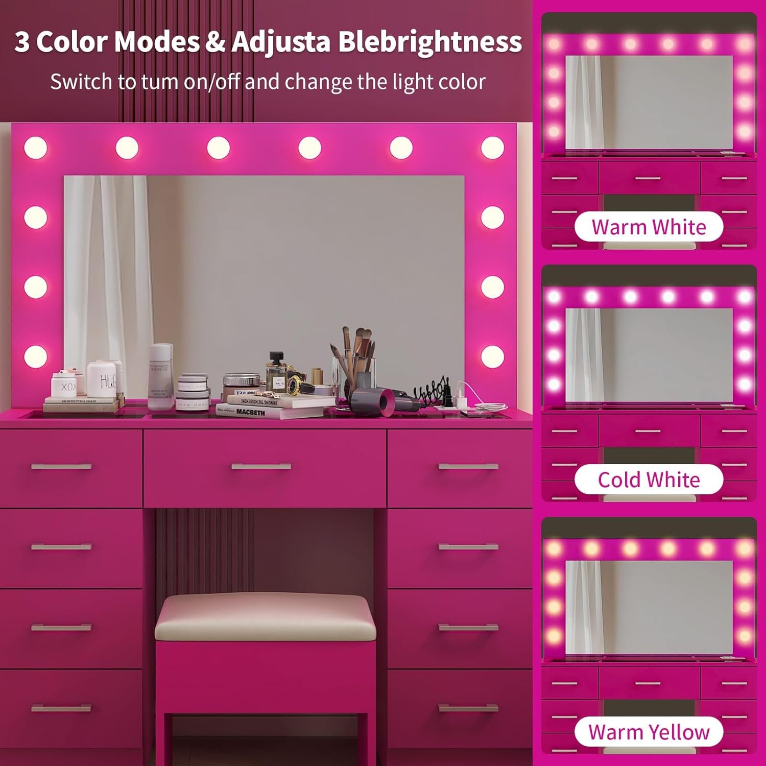 Karl home Vanity Desk with Large Lighted Mirror & Powre Outlet, Glass Tabletop Makeup Vanity Set with 9 Drawers, 45.3" Vanity Table with 3 Color Lighting Modes, Dressing Table for Women Girls, Pink - Image 4