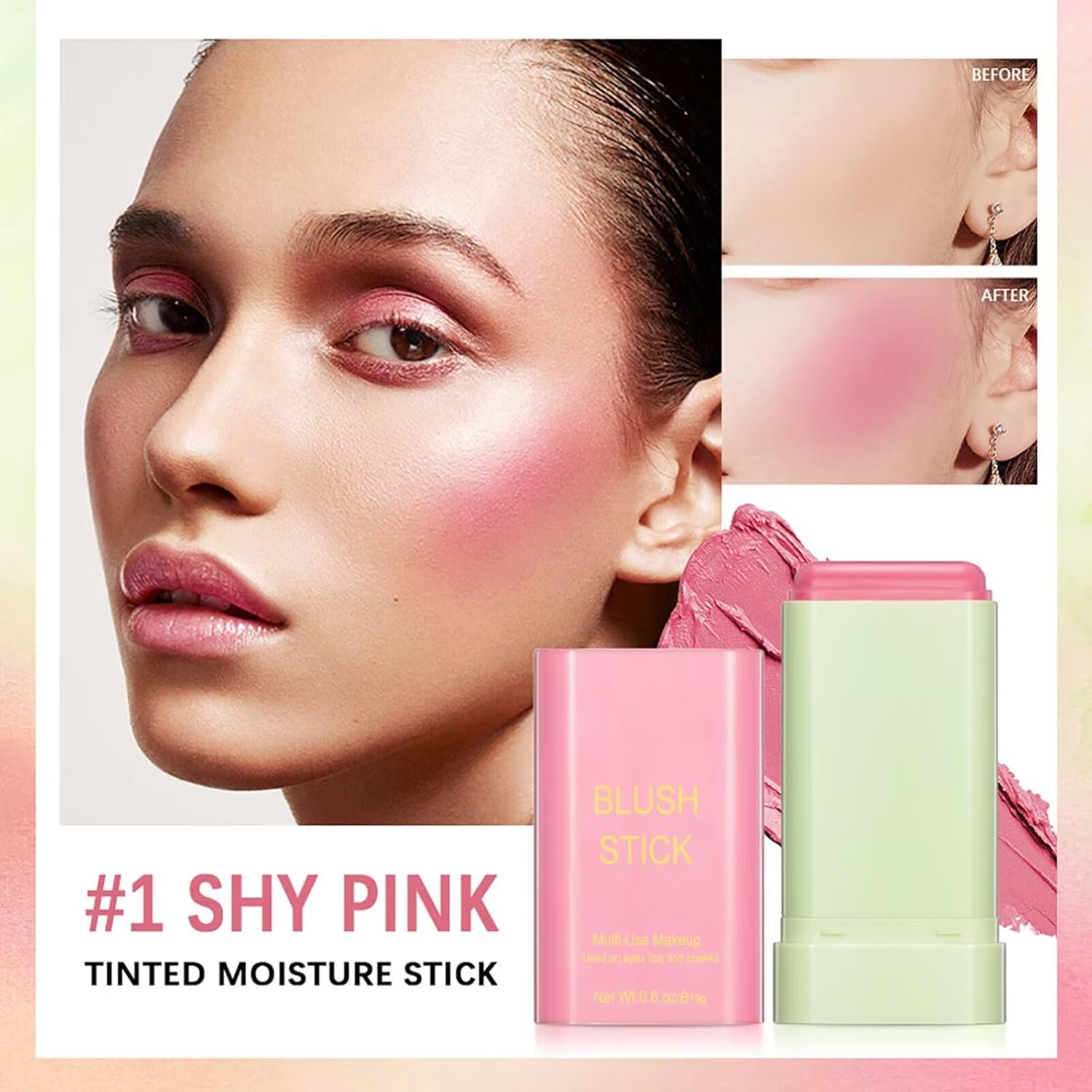 Multi-Use Makeup Blush Stick,Beauty Solid Moisturizer,Waterproof Natural Nude Makeup,Tinted Solid Moisturizer Stick for Eyes Lips Cheek(1#shy pink) - Image 5