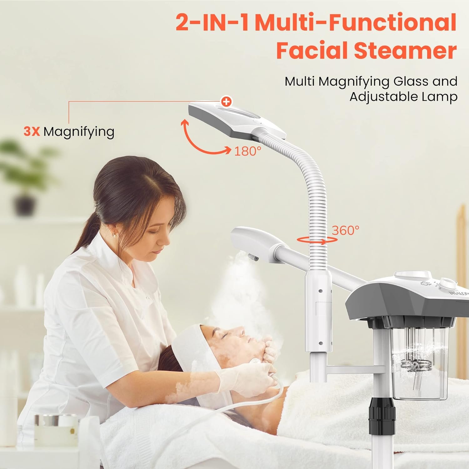 TASALON Professional Facial Steamer Tools for Esthetician, Skin Care and Deep Cleaning, 2 in 1 Face Machine with 3X Magnifying Foldable Arm, Ozone Face Steamer for Facial, Hot Mist Skincare, White - Image 5