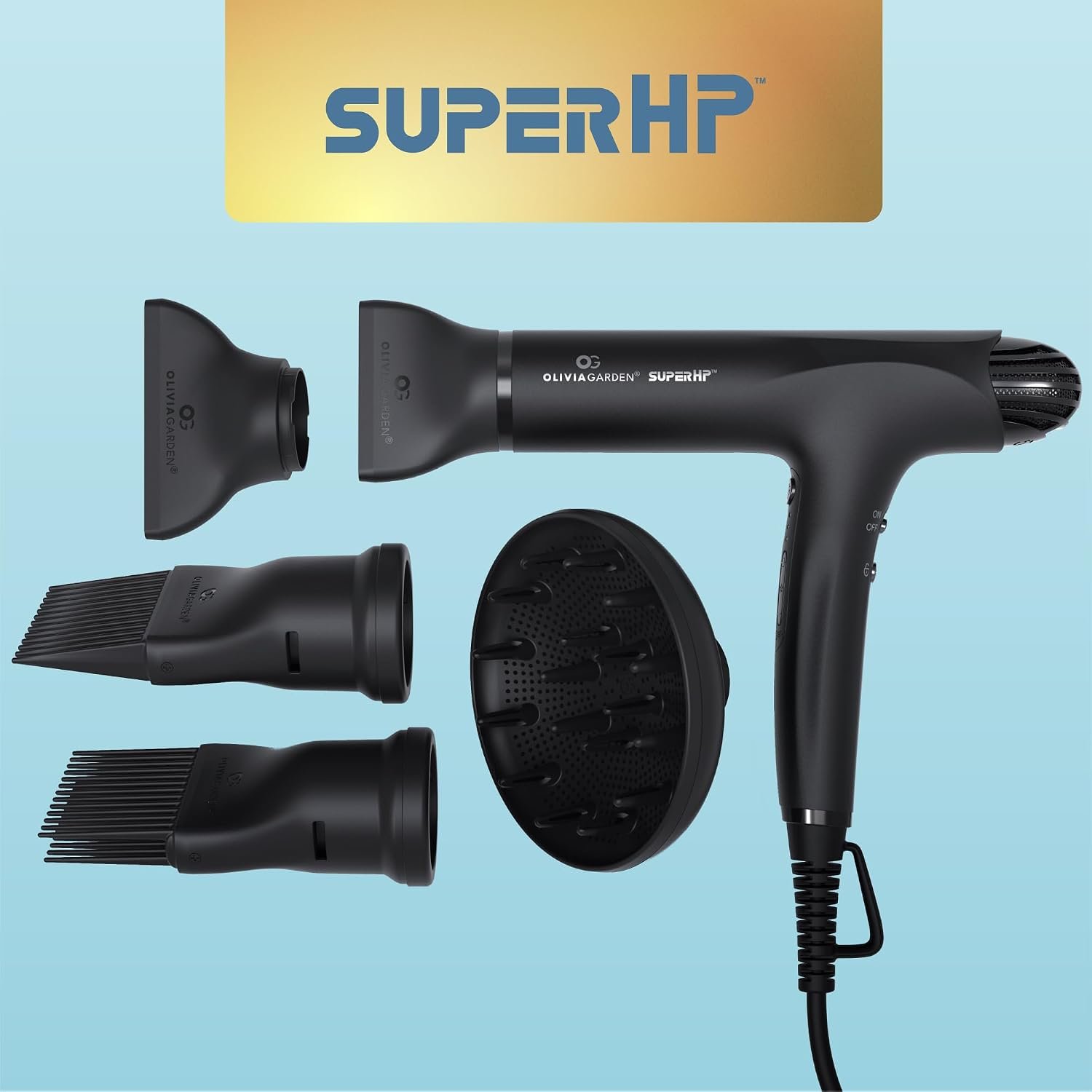 Olivia Garden 1875W SuperHP Professional Hair Dryer for All Hair Types - Quiet, Fast Drying Blow Dryer - Powerful Ionic Generator - 5 Attachments, Including 2 Comb and 1 Diffuser Attachments - Image 5
