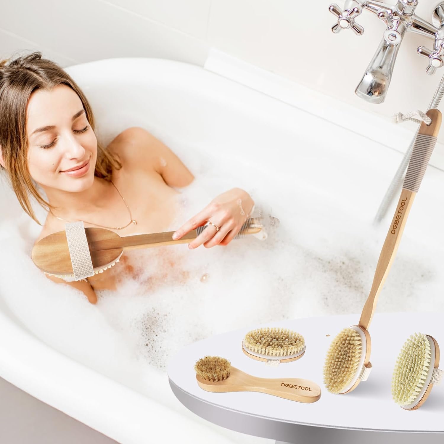 DEBETOOL Dry Brushing Set - Natural Boar Bristle Body & Face Brush, Wooden Long Handle Scrub Brush for Cellulite & Lymphatic Drainage Body Care, Detachable, 3 Brush Heads - Image 7