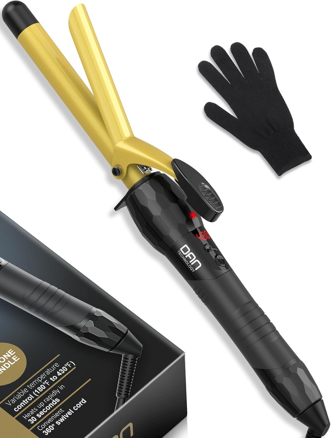 DAN Technology 3/4 Inch Curling Iron Wand, Tourmaline Ceramic Hair Curler with LCD Display (180°F–430°F), Fast Heating, Dual Voltage, Auto Shut-Off, Black & Gold