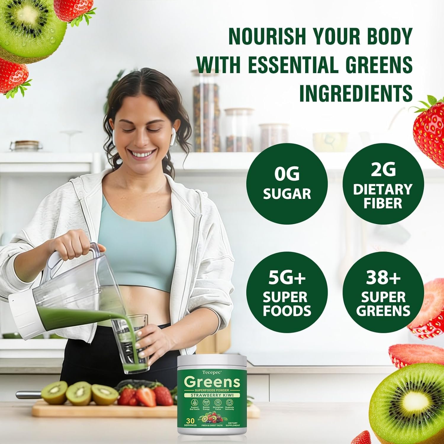 Super Greens Powder Superfood, Greens Juice Drink Mix with Spirulina, Chlorella, Adaptogens & Fiber, Digestive Enzymes, Pre + Probiotics Supplement for Women & Men Bloating & Gut Health, 30 Servings - Image 5