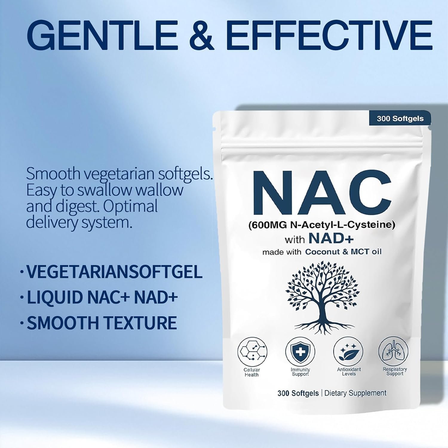 NAC 600mg Non-GMO, Gluten Free,Organic NAC Supplement N-Acetyl Cysteine Capsules with NAD+ for Cellular & Lung Health, 300 Softgels - Image 3
