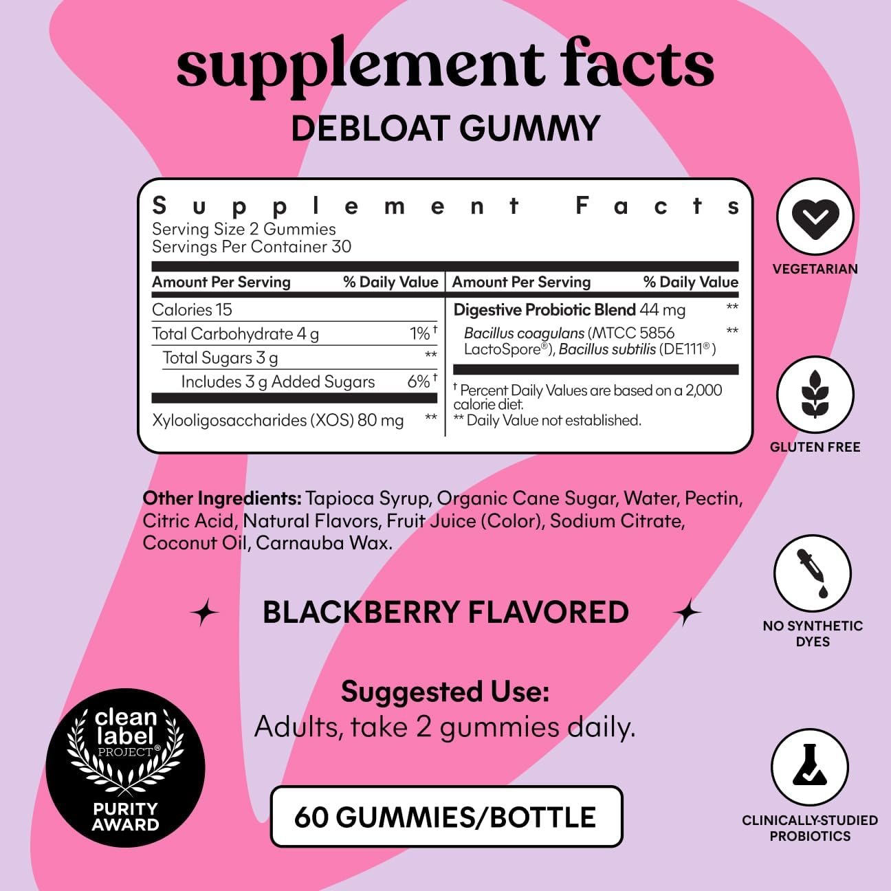 Lemme Debloat - Digestive & Gut Health Gummies with 2 Clinically Studied Probiotics & Prebiotic, Vegetarian, Gluten Free, Non GMO, BlackBerry Flavor (60 Count) - Image 6