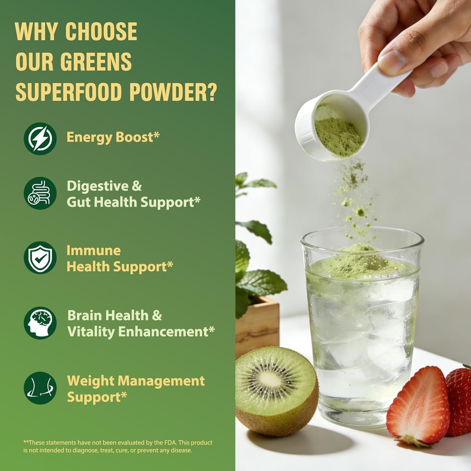 Super Greens Powder Superfood, Greens Juice Drink Mix with Spirulina, Chlorella, Adaptogens & Fiber, Digestive Enzymes, Pre + Probiotics Supplement for Women & Men Bloating & Gut Health, 30 Servings - Image 4