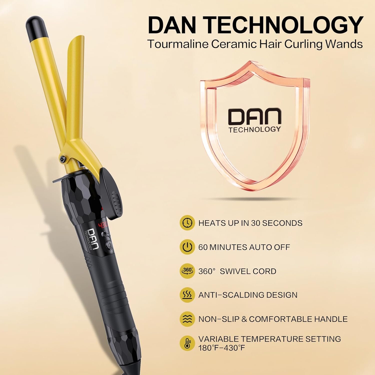 DAN Technology 3/4 Inch Curling Iron Wand, Tourmaline Ceramic Hair Curler with LCD Display (180°F–430°F), Fast Heating, Dual Voltage, Auto Shut-Off, Black & Gold - Image 5