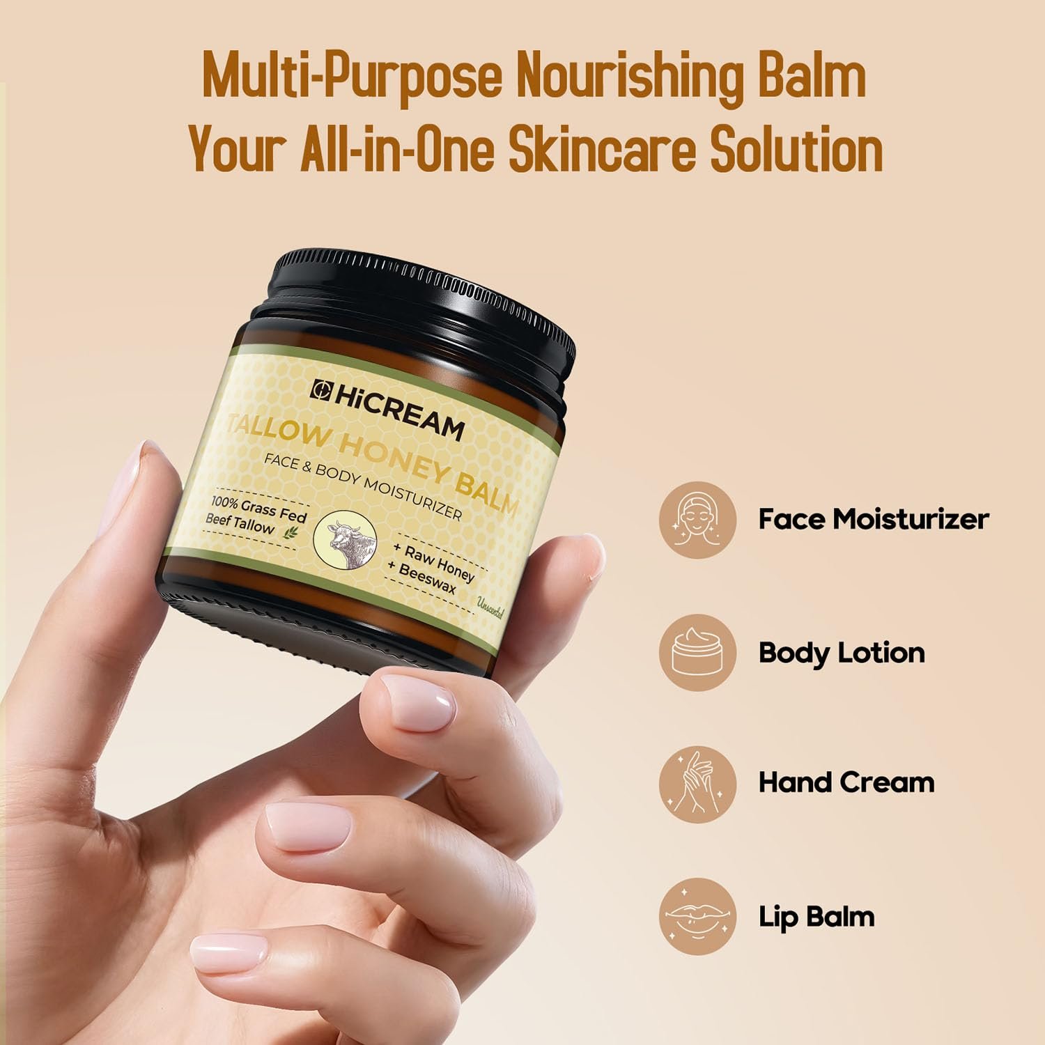Hicream Beef Tallow for Skin, Beef Tallow and Honey Balm, 100% Organic Grass-Fed Beef Tallow, Face & Body Moisturizer for Dry, Cracked, Sensitive Skin - Handmade - Natural Formula (4 Oz, Unscented) - Image 8