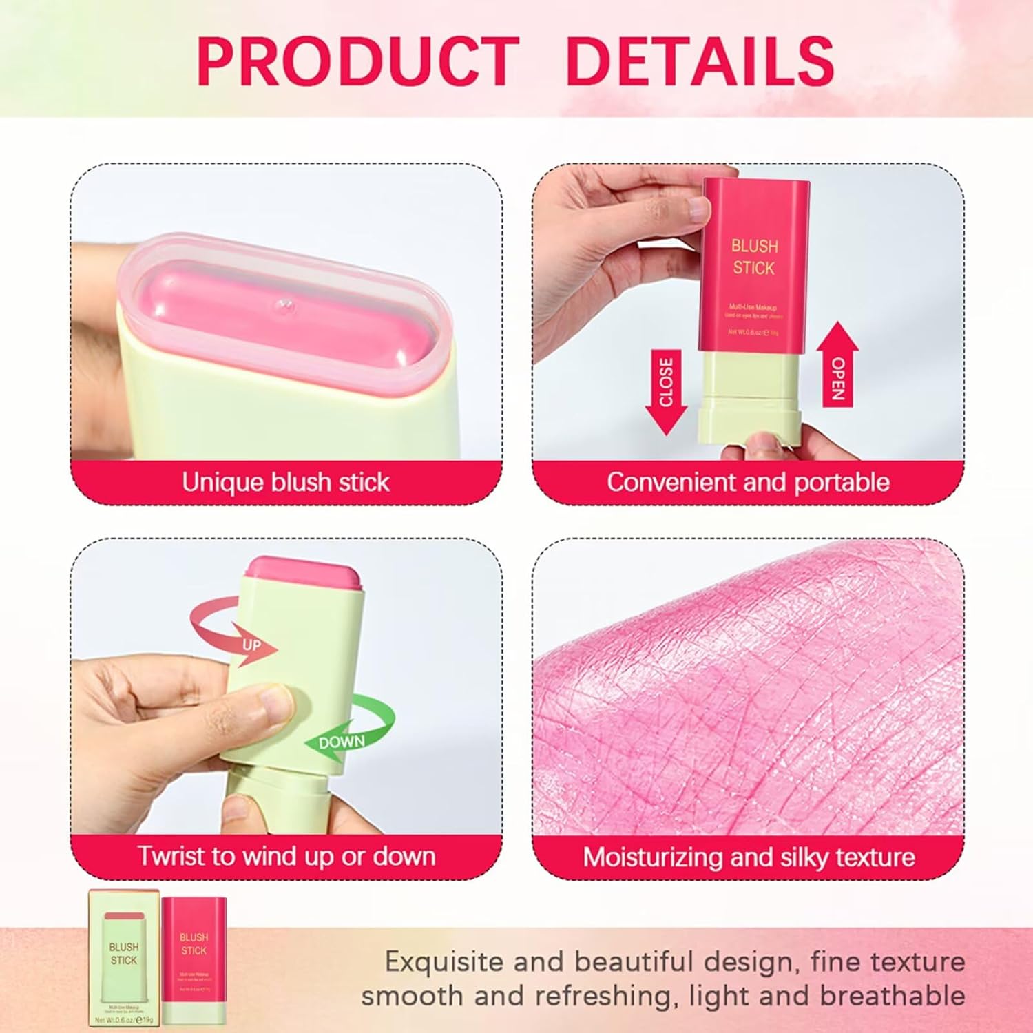 Multi-Use Makeup Blush Stick,Beauty Solid Moisturizer,Waterproof Natural Nude Makeup,Tinted Solid Moisturizer Stick for Eyes Lips Cheek(1#shy pink) - Image 2