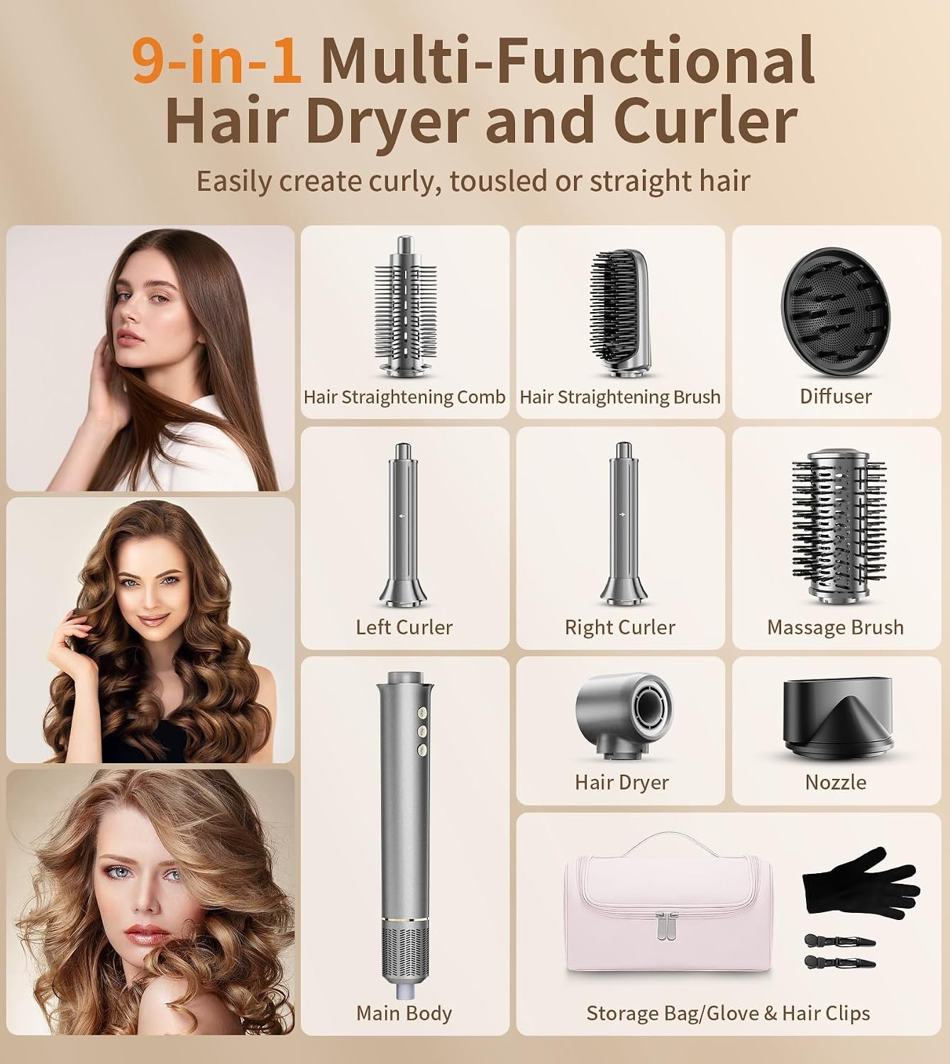 9 in 1 Hair Dryer Brush Kits,Professional 1200W Powerful Hot Air Styler Dryer with Case,110,000 RPM Auto Wrap Air Curler Travel Hair Crimper for Fast Drying/Straightening/Styling/Volumizing/Frizz-Free - Image 6