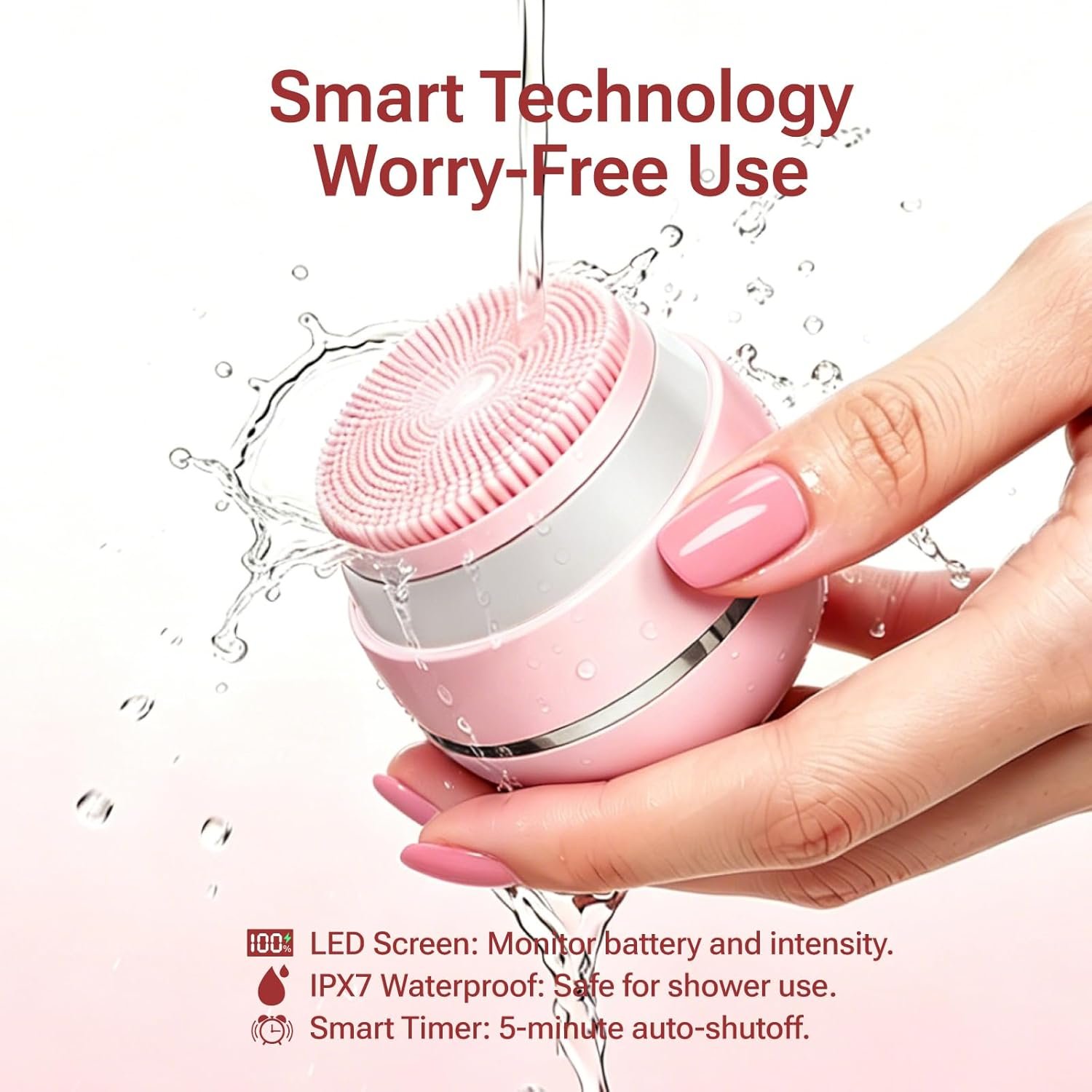 Electric Face Scrubber & Silicone Facial Cleansing Brush - Waterproof Sonic Face Brush Exfoliator with LED Screen, 3 Beauty Light Modes, Rechargeable Face Wash Brush for Deep Cleaning & Massage-Pink - Image 6
