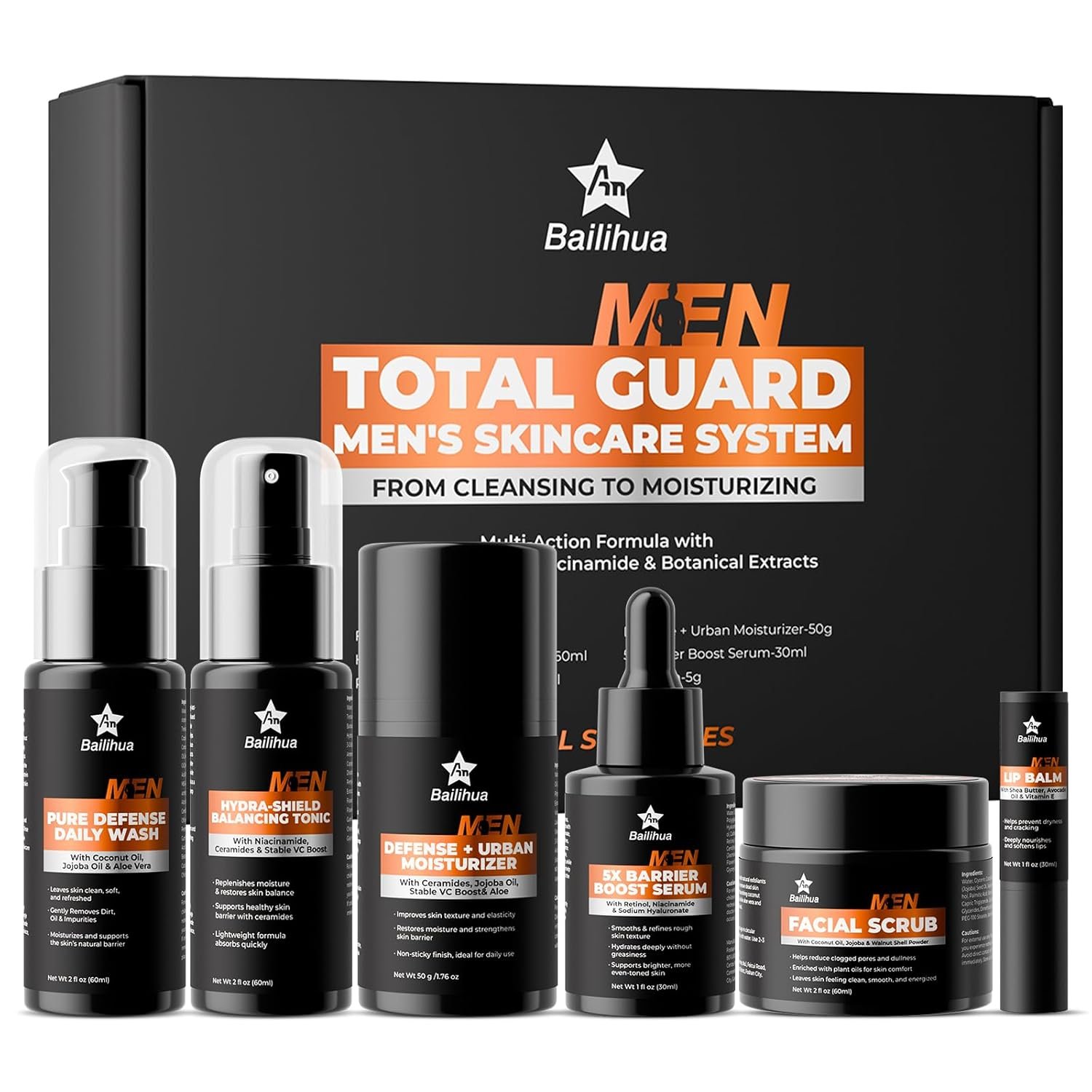 Gift for Men Skincare Men's Skin Care Facial Kit Complete Routine Kit with Niacinamide & Ceramides - Face Cleanser, Scrub, Toner, Serum, Moisturizer Cream, Lip Balm - Christmas, Valentine's Day Gifts