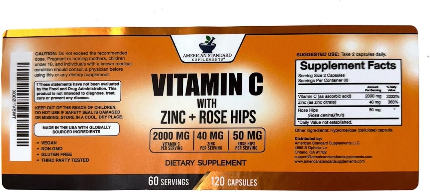 American Standard Supplements Vitamin C 2000mg, Zinc 40mg, and Rose Hips 50mg Per Serving, Vegan, Gluten Free, Non-GMO (120 Count) - Image 8