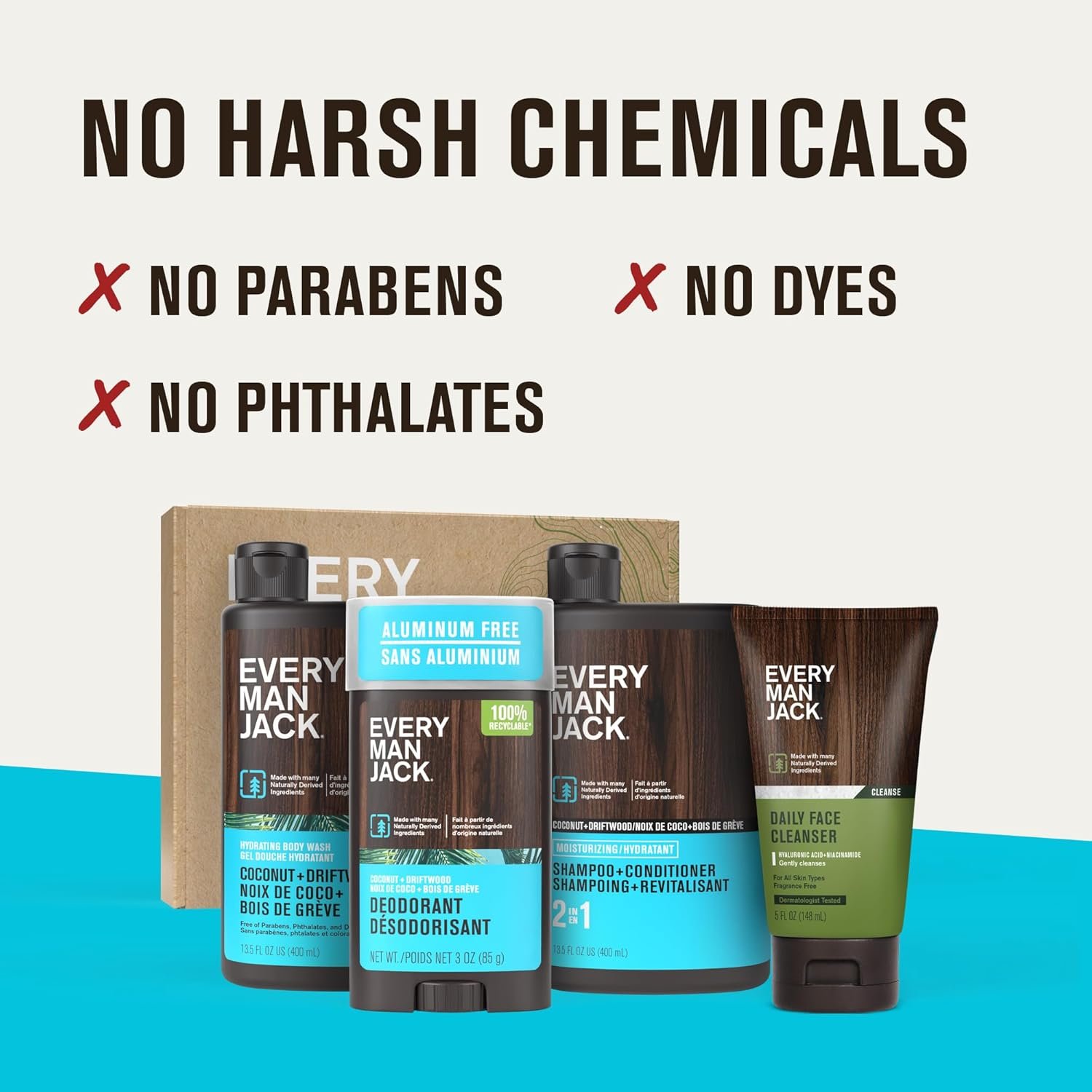 Every Man Jack Men's Bath and Body Gift Set - Coconut + Driftwood Scent - Clean Ingredients - Includes Hydrating Body Wash, 2-in-1 Shampoo, Aluminum-free Deodorant & Face Wash - Image 6