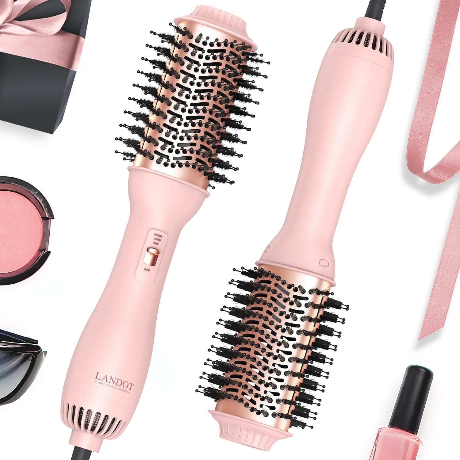 LANDOT Hair Blow Dryer Brush - One-Step Volumizer & Styler with Ceramic Titanium Barrel, Ionic Anti-Frizz Technology, 3 Heat/2 Speed Settings for All Hair Types, Rose Gold