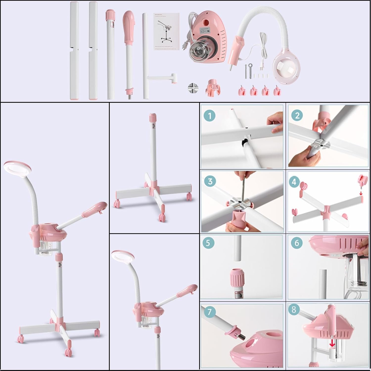 Professional Facial Steamer, 2In1 Face Steamer on Wheels for Facial Deep Cleaning, SPA Facial Steamer for Esthetician with 5X Magnifying Lamp, Stand Face Steamer with Time Setting, Pink - Image 7