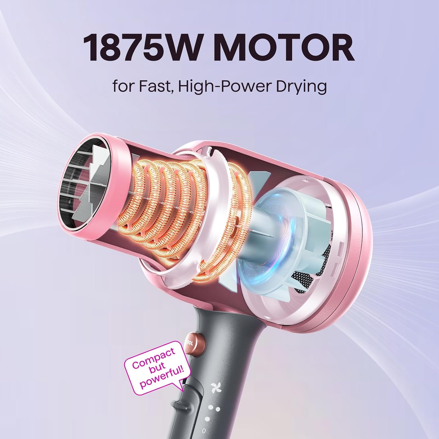 Wavytalk Hair Dryer, Blown Away Ionic Hair Dryer for Curly Hair with Diffuser, 1875W Fast Drying Blow Dryer with Ceramic Technology, 3 Attachments for All Hair Types, Light and Quiet, Rose Gold - Image 4