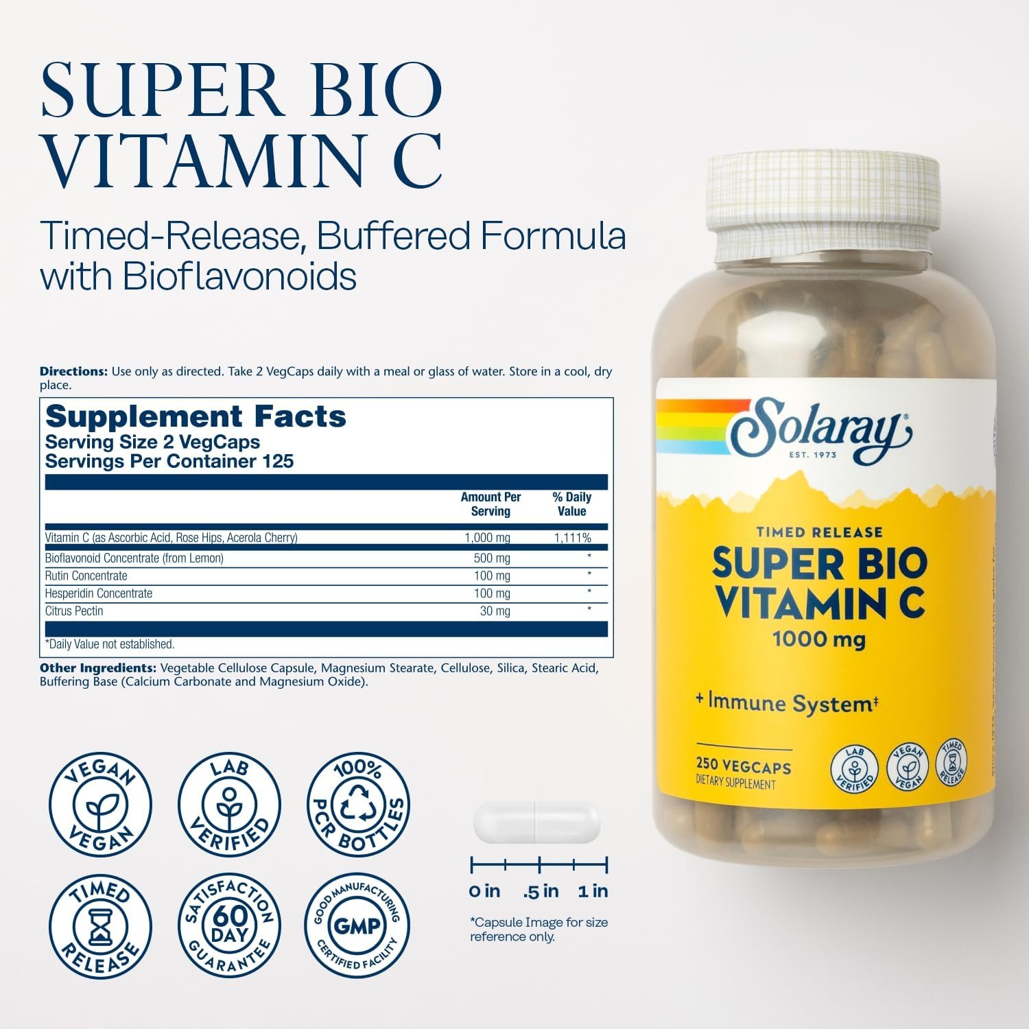 SOLARAY Super Bio Vitamin C 1000mg, Buffered, Two-Stage Timed Release with Bioflavonoids, Immune Support Supplement, High Absorption, Vegan, 60-Day Guarantee – 250 VegCaps - Image 2