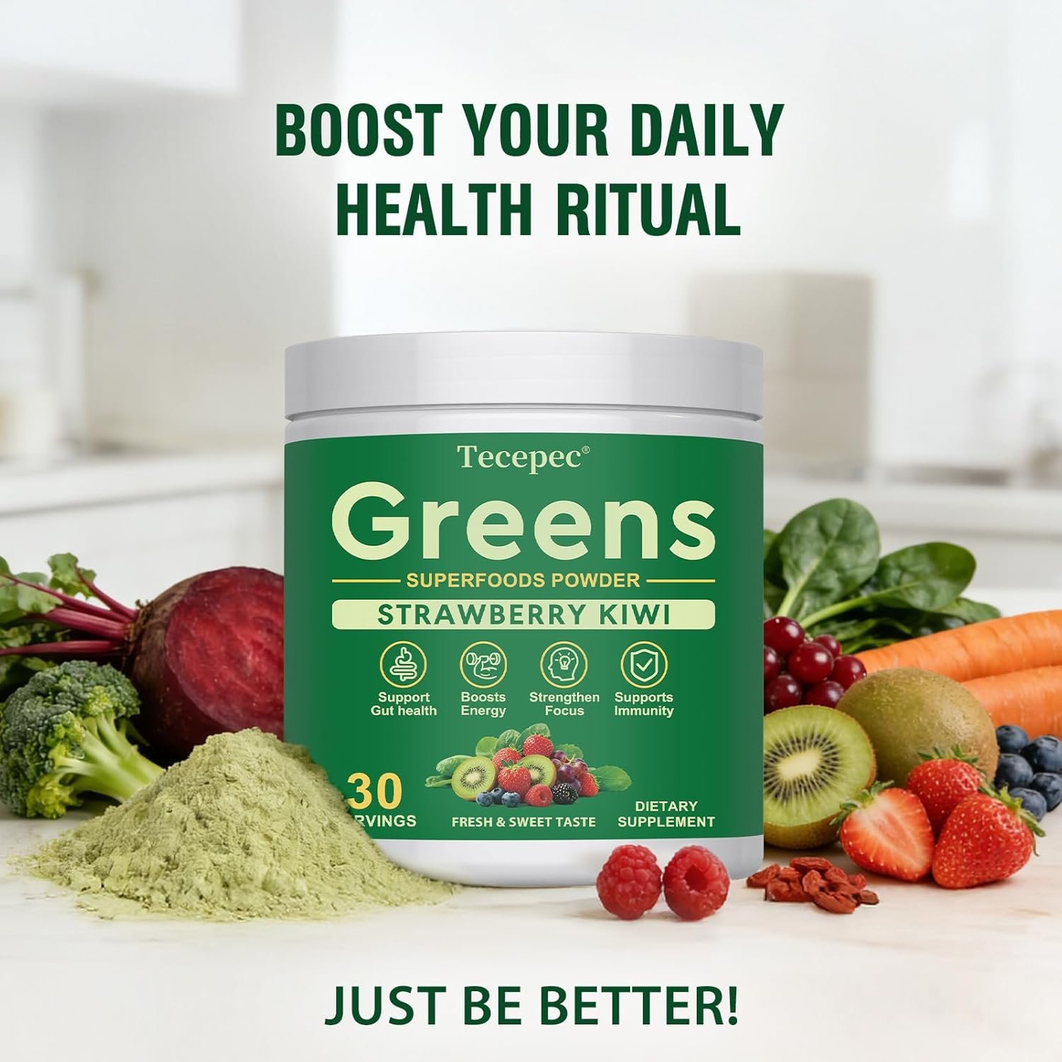 Super Greens Powder Superfood, Greens Juice Drink Mix with Spirulina, Chlorella, Adaptogens & Fiber, Digestive Enzymes, Pre + Probiotics Supplement for Women & Men Bloating & Gut Health, 30 Servings - Image 7