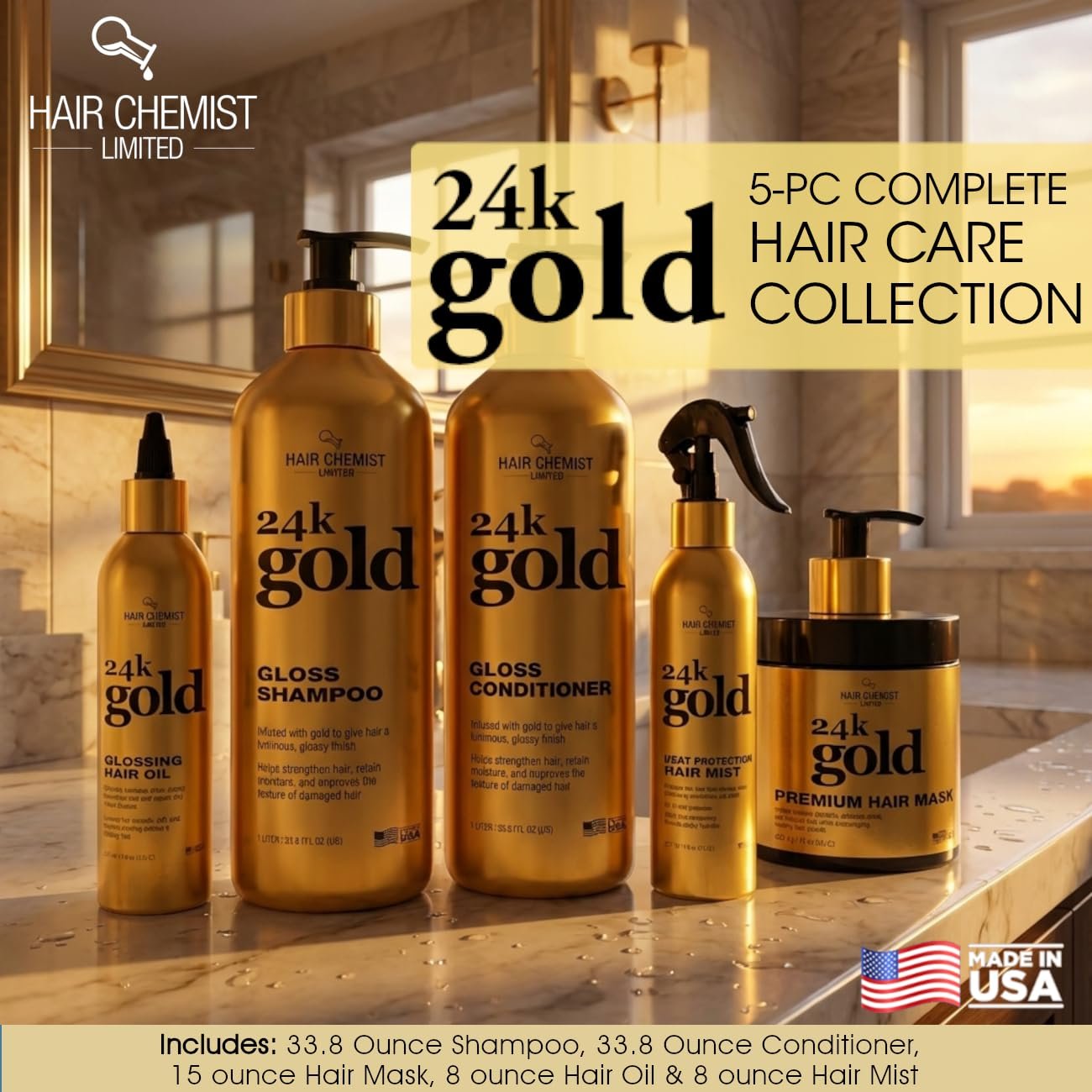 Hair Chemist 24K Gold 5-PC Complete Hair Care Set – Large Shampoo, Conditioner, Hair Oil, Hair Mist & Deep Hair Mask – Strengthening, Hydrating & Shine Enhancing for Dry, Damaged & Color-Treated Hair - Image 3