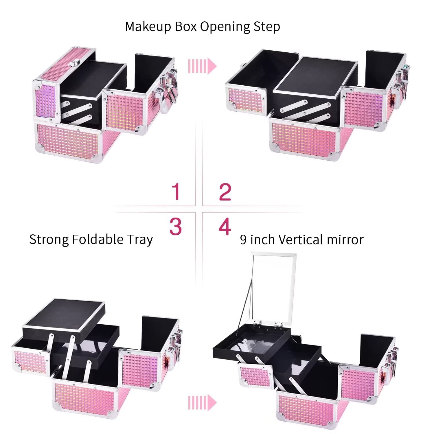 Joligrace Makeup Train Case Makeup Case Organizer Portable Cosmetic Box Storage with 2 Trays Mirror Locking Make Up Travel Case for Nail Kits Cosmetics Craft Traveling Makeup Box Mermaid Pink - Image 8