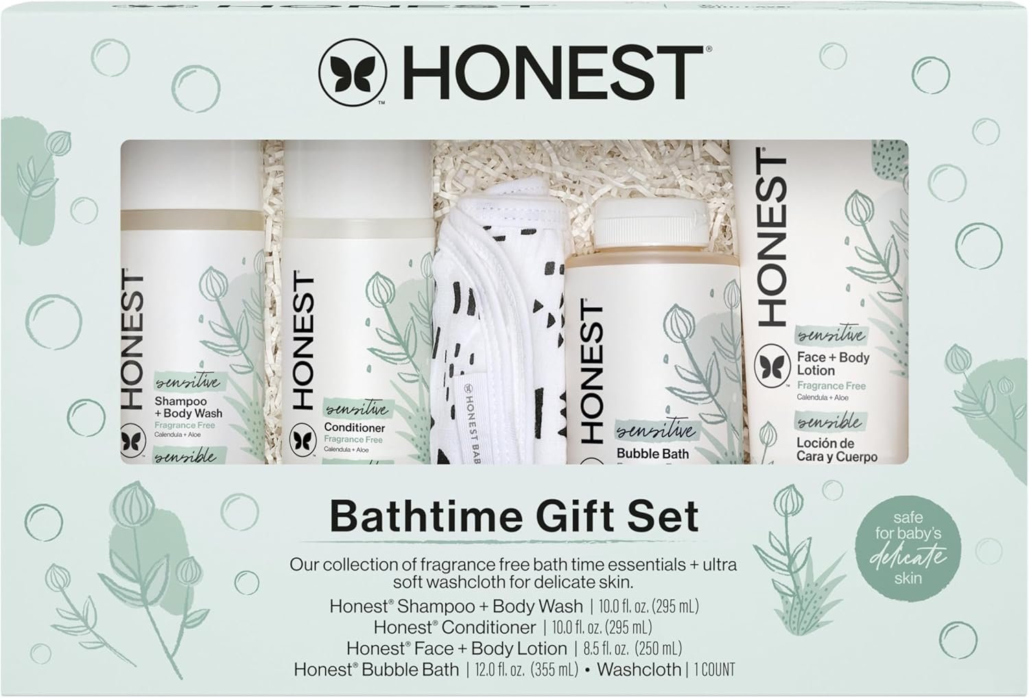 The Honest Company Fragrance-Free Bathtime Gift Set, Hypoallergenic, Bath Essentials for Sensitive Skin, Shampoo and Body Wash, Face Lotion, Bubble Bath, Conditioner, Wash Cloth