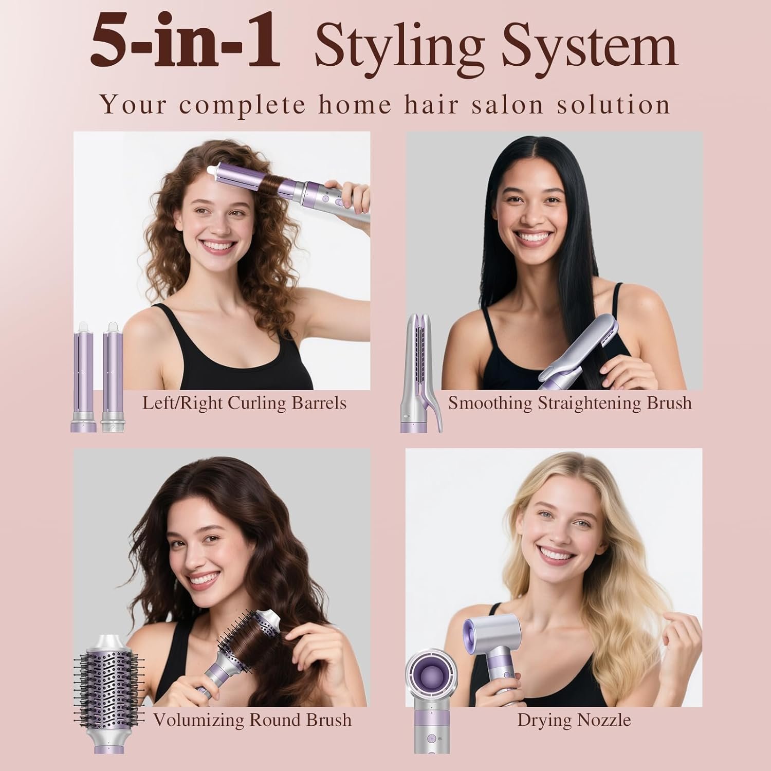 5 in 1 Hot Air Styler- Blowout Brush Hair Dryer Set for Salon Blowouts, Smooth Curls, Volumizing and Straightening, Professional Hair Styler Set, Anti-Frizz, Compact Design with Travel Bag - Image 3