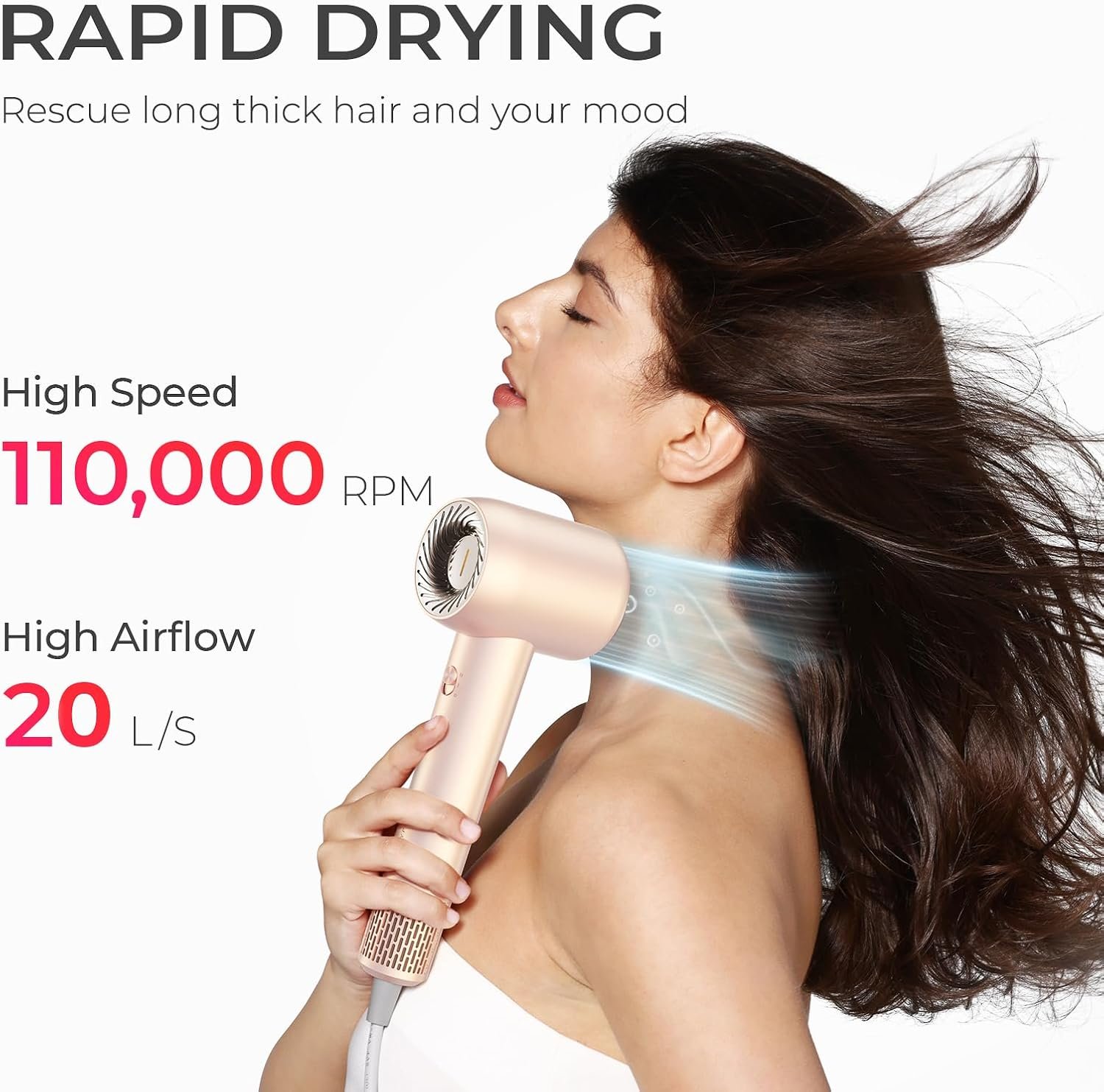 TYMO Ionic Hair Dryer for Women, High Speed Travel Blow Dryer for 5X Faster Drying & 0 Damage, Professional Portable Quiet Hairdryer with 400M Negative Ions, 4 Temps& 2 Speeds, 110,000 RPM, Gold Blush - Image 2