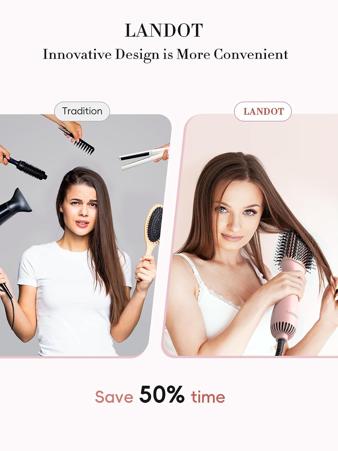 LANDOT Hair Blow Dryer Brush - One-Step Volumizer & Styler with Ceramic Titanium Barrel, Ionic Anti-Frizz Technology, 3 Heat/2 Speed Settings for All Hair Types, Rose Gold - Image 3