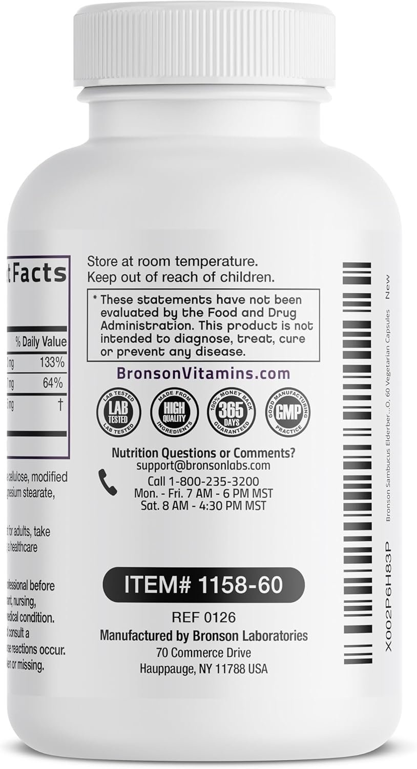 Bronson Sambucus Elderberry with Zinc & Vitamin C Triple Immune Support Complex Immune & Antioxidant Protection, Non-GMO, 60 Vegetarian Capsules - Image 5